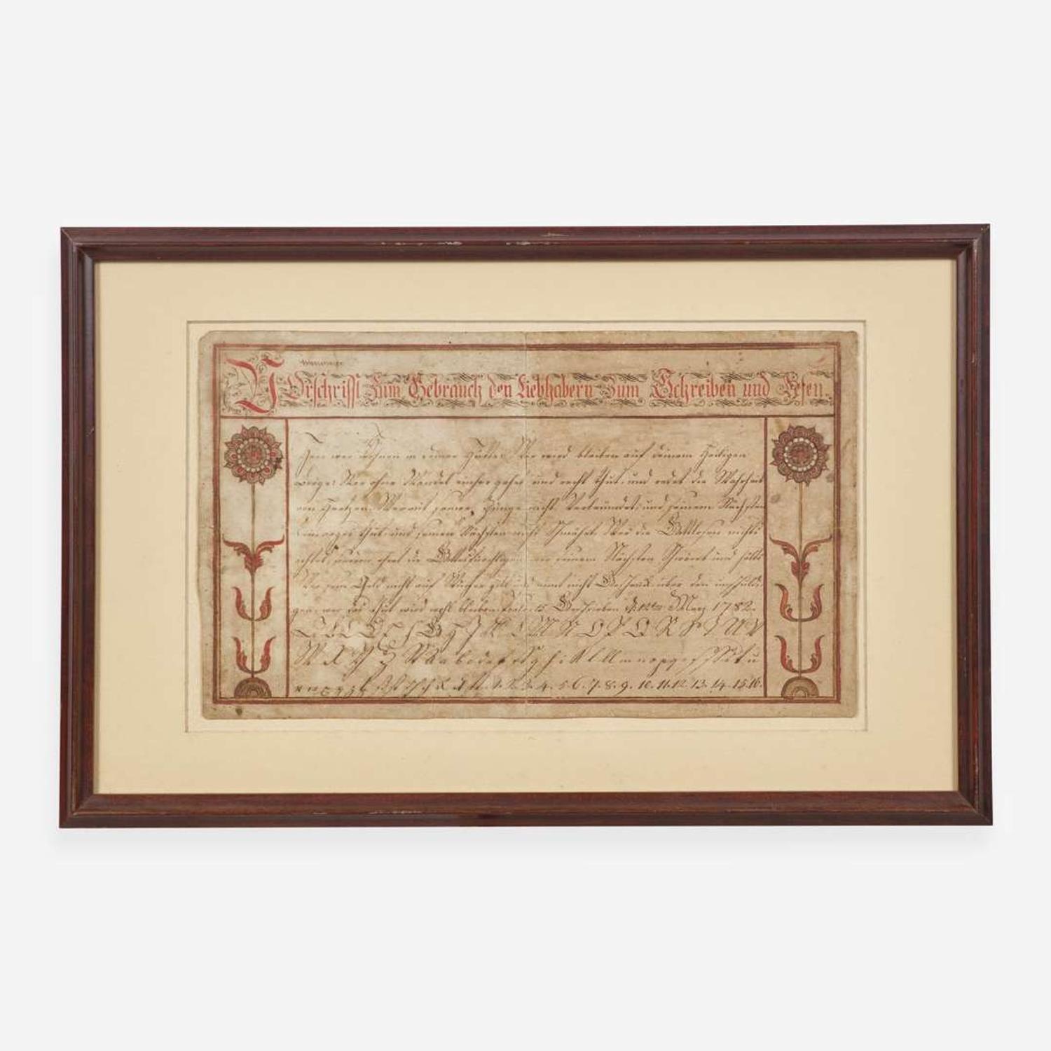 Attributed to Abraham Dirdorff (1734-1801) A Fraktur: Vorschrift, dated "1782"