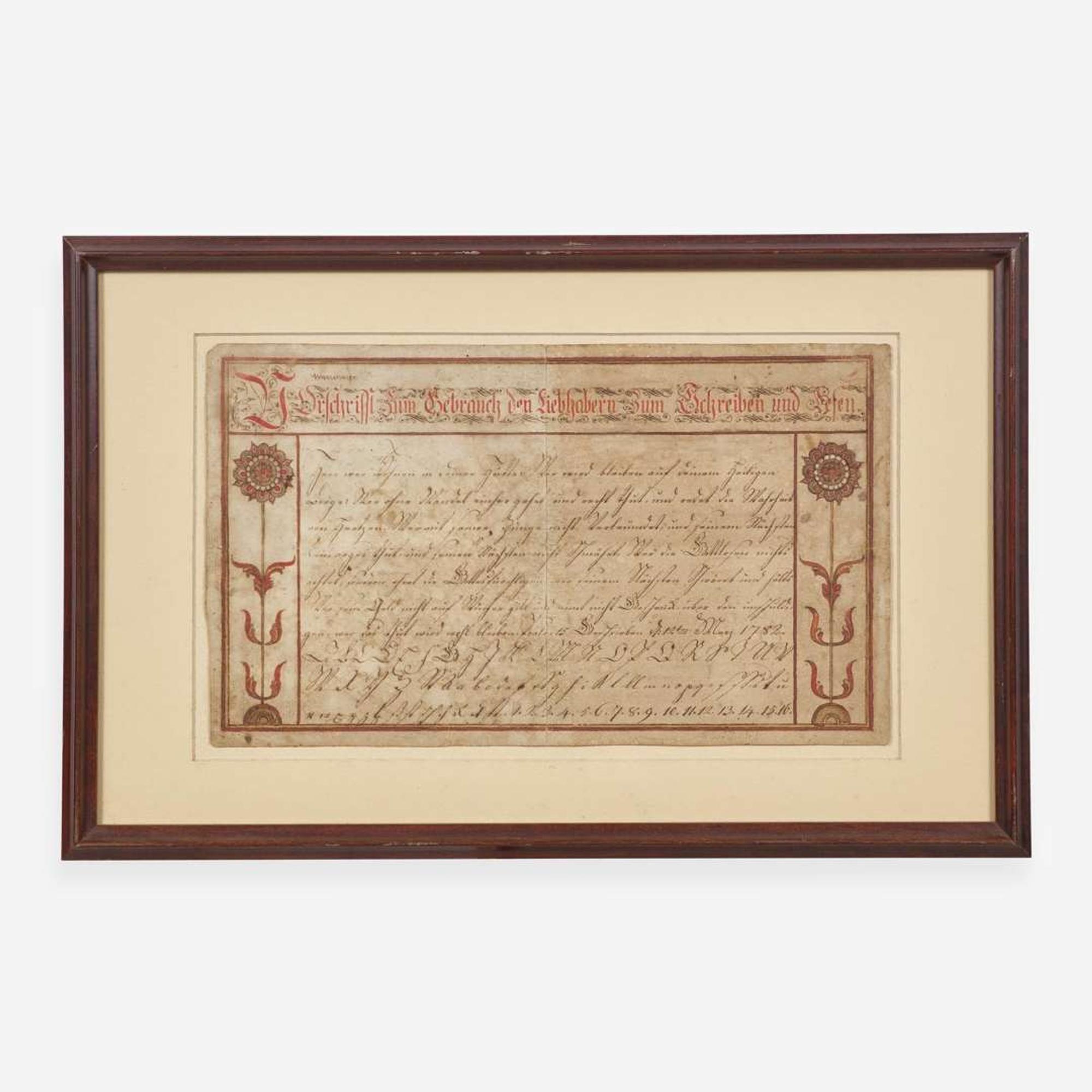 Attributed to Abraham Dirdorff (1734-1801) A Fraktur: Vorschrift, dated "1782"