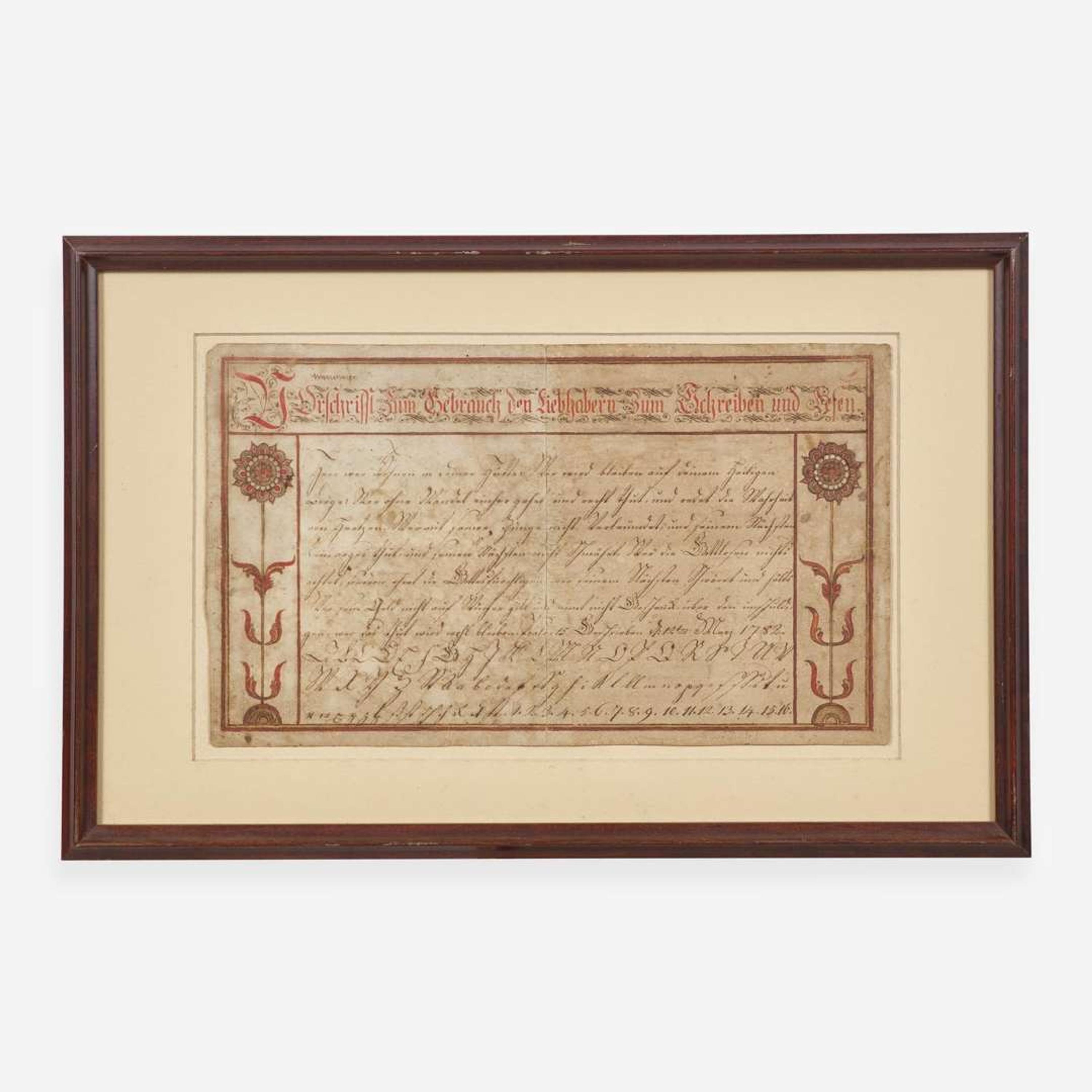 Attributed to Abraham Dirdorff (1734-1801) A Fraktur: Vorschrift, dated "1782"