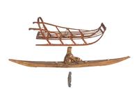 Inupiat Model Sled, Kayak, and Stone Figure, PLUS
