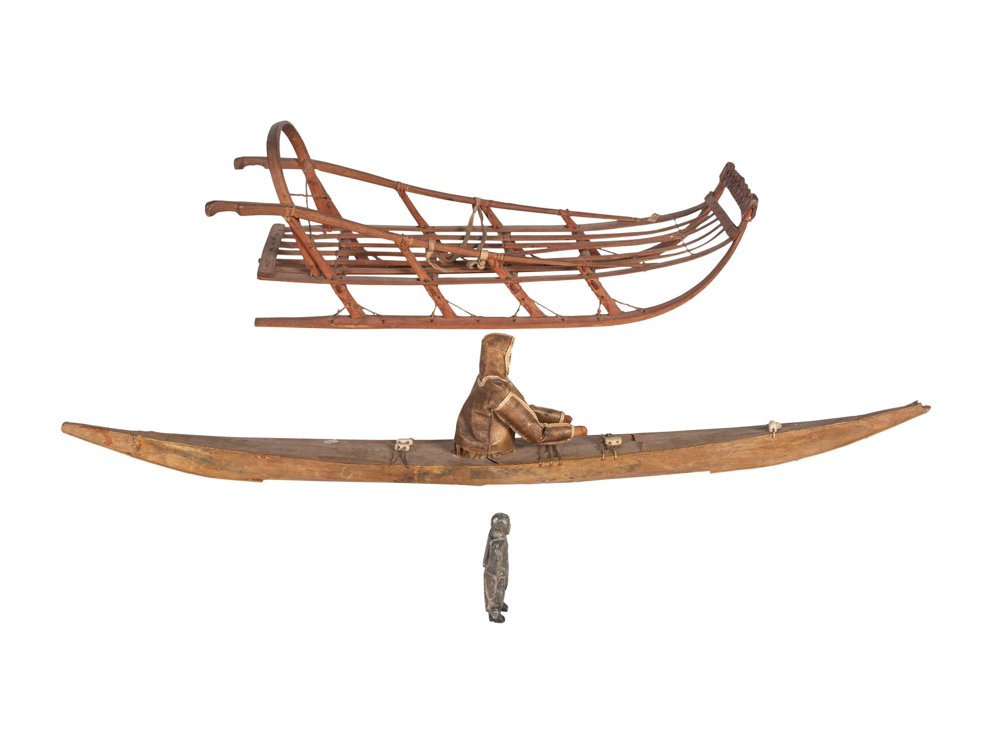 Inupiat Model Sled, Kayak, and Stone Figure, PLUS