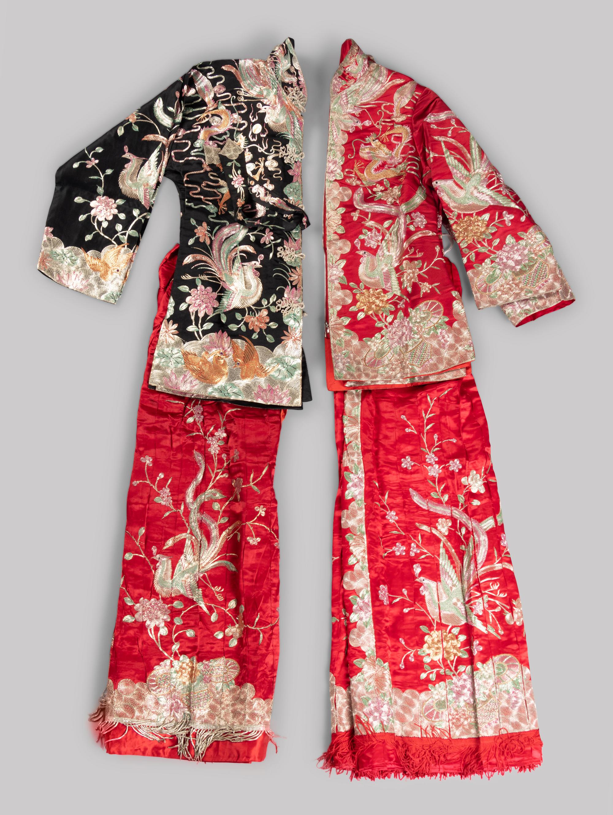 Two Sets of Chinese Embroidered Silk Wedding Gowns