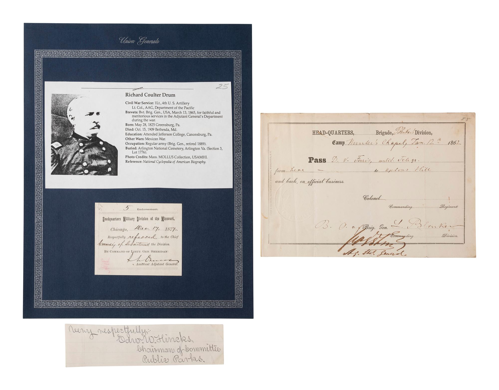 [CIVIL WAR]. Autographs from Civil War soldiers incl. Generals SHERMAN, MCCLELLAN, and BUTLER.