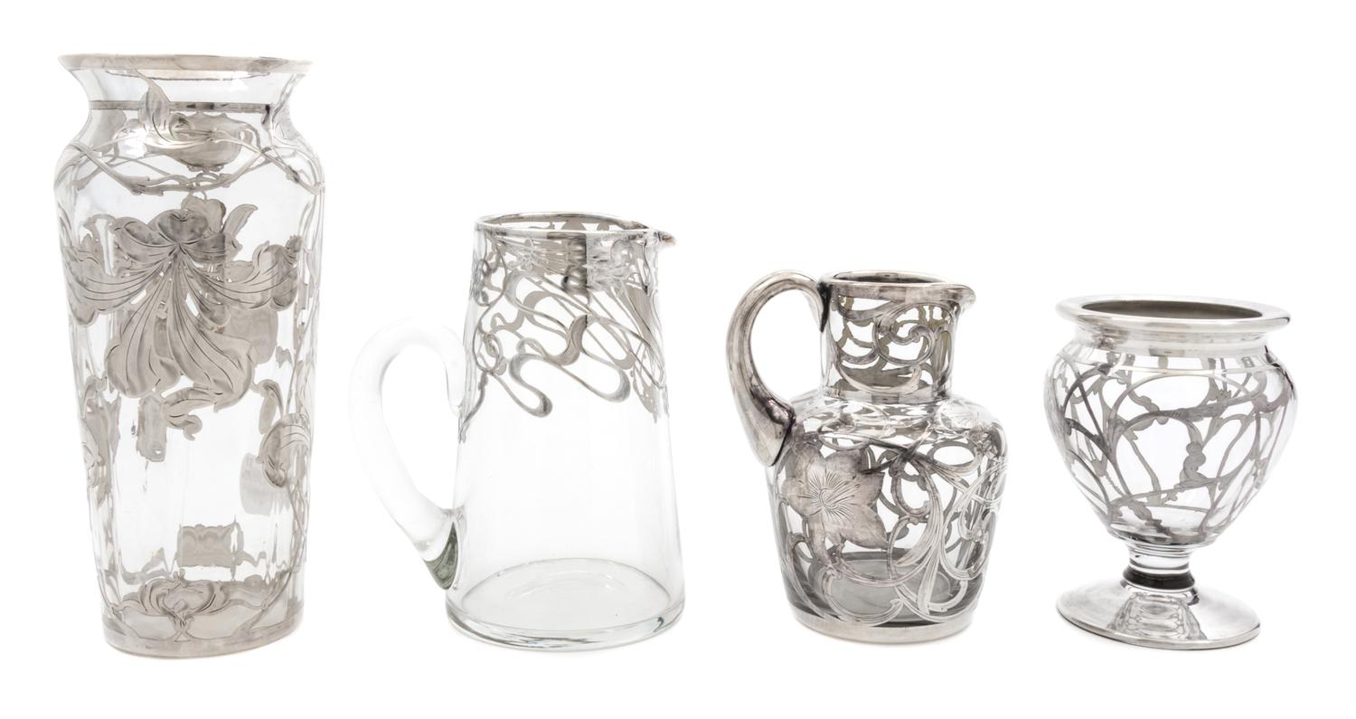 A Group of Four Silver Overlay Glass Articles Height of tallest 8 1/4 inches.