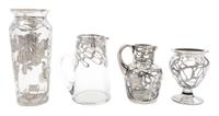 A Group of Four Silver Overlay Glass Articles Height of tallest 8 1/4 inches.