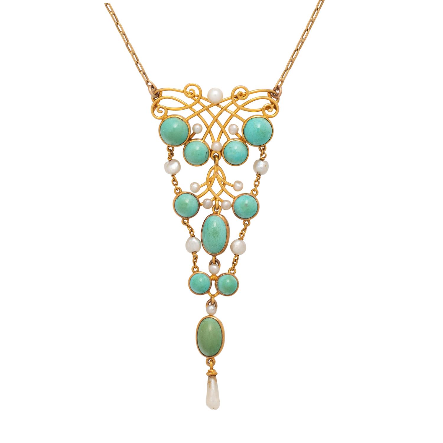 ART NOUVEAU, YELLOW GOLD, TURQUOISE AND PEARL NECKLACE