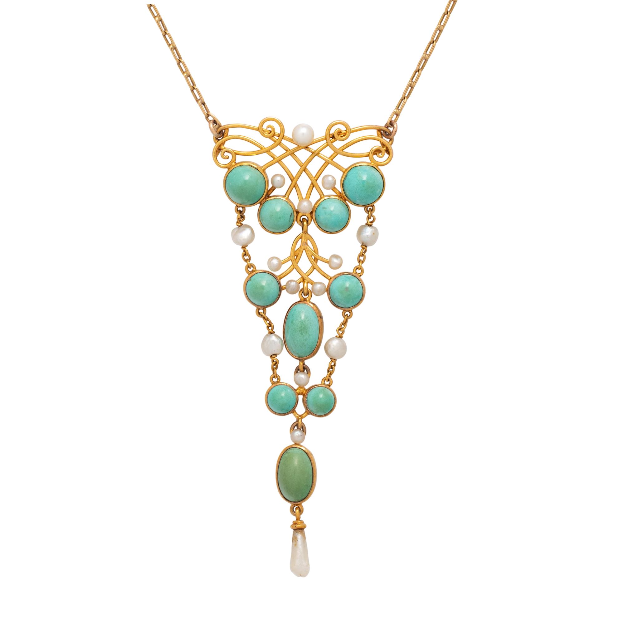 ART NOUVEAU, YELLOW GOLD, TURQUOISE AND PEARL NECKLACE