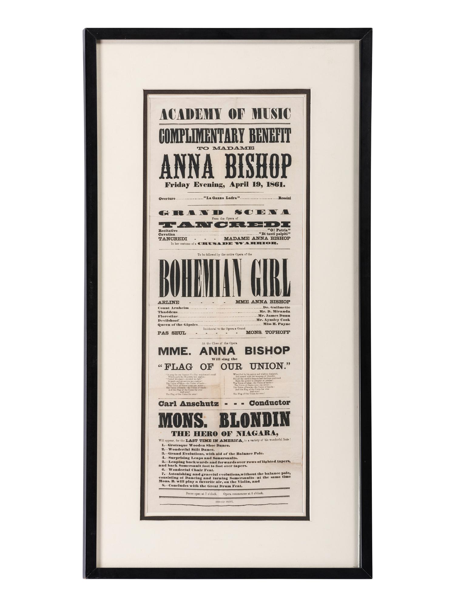 A Printed Broadside Highlighting an Operatic Performance by Soprano Anna Bishop at the Academy of Music