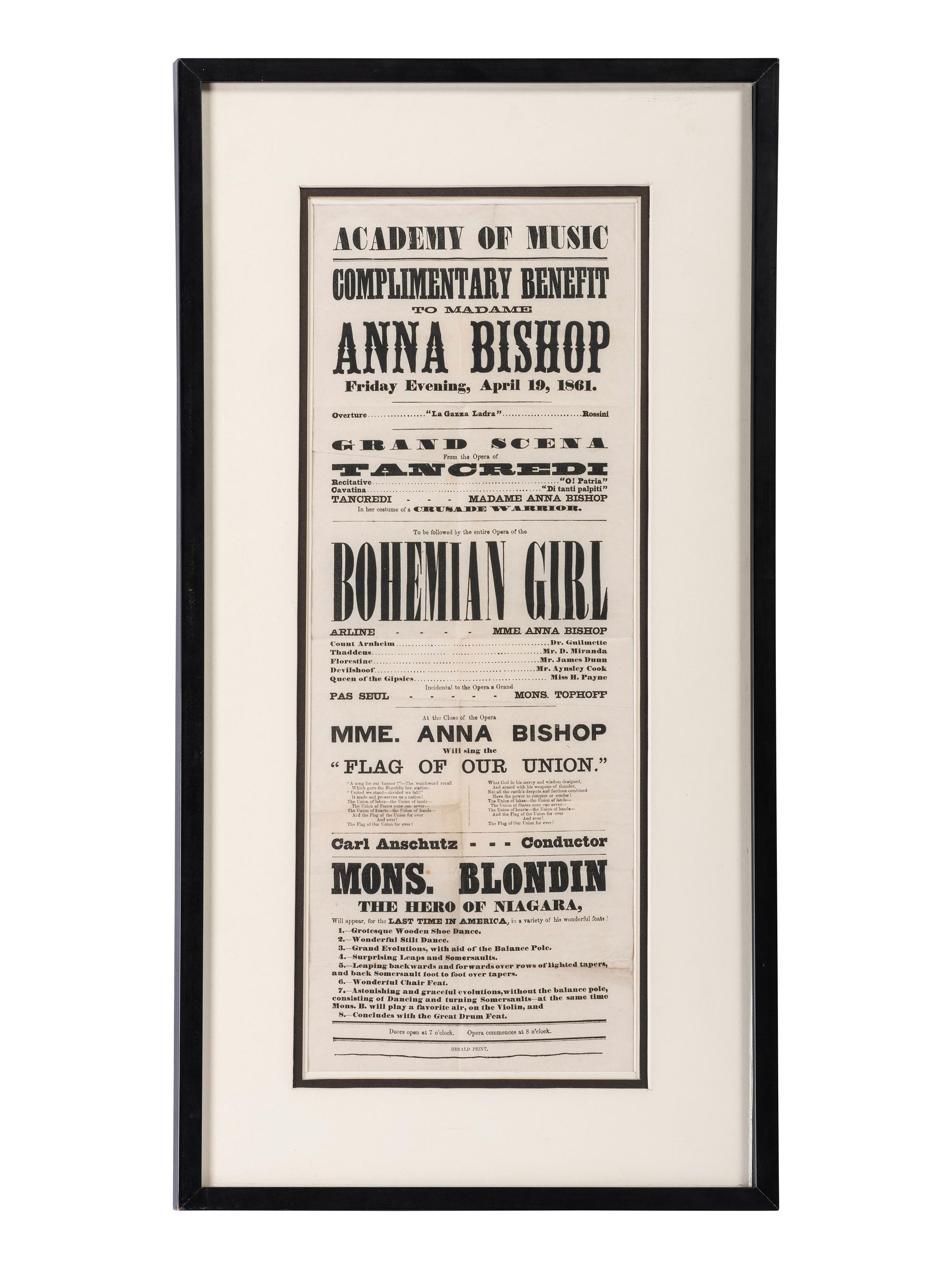 A Printed Broadside Highlighting an Operatic Performance by Soprano Anna Bishop at the Academy of Music