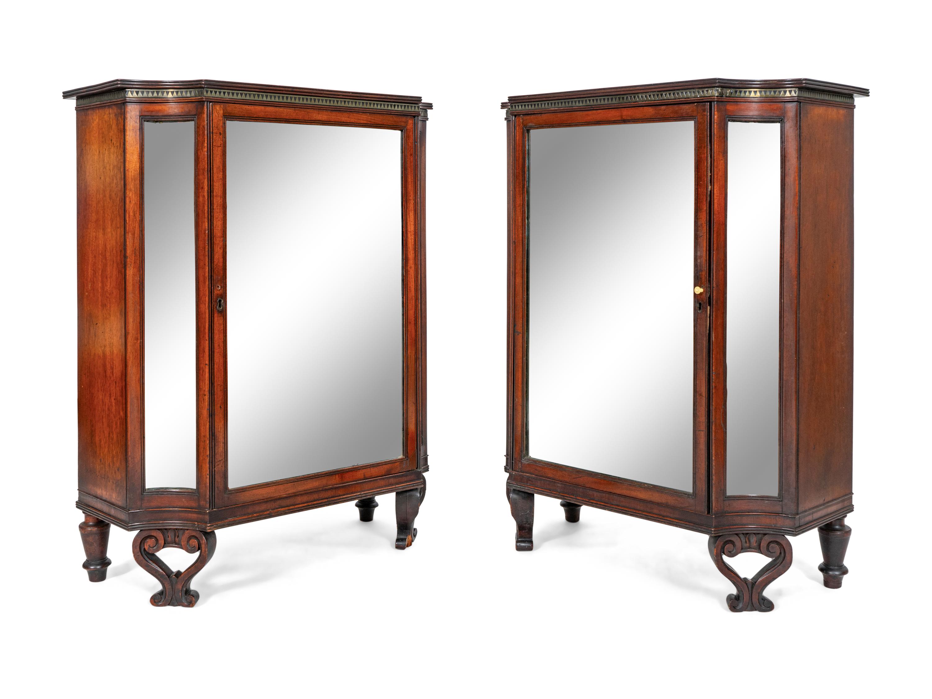 A Pair of Late Regency Brass and Satinwood-Inlaid Mahogany Cabinets