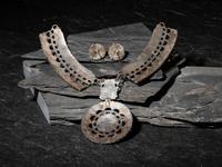 Sterling Silver and Petit Point Turquoise Cluster Necklace and Post Earrings