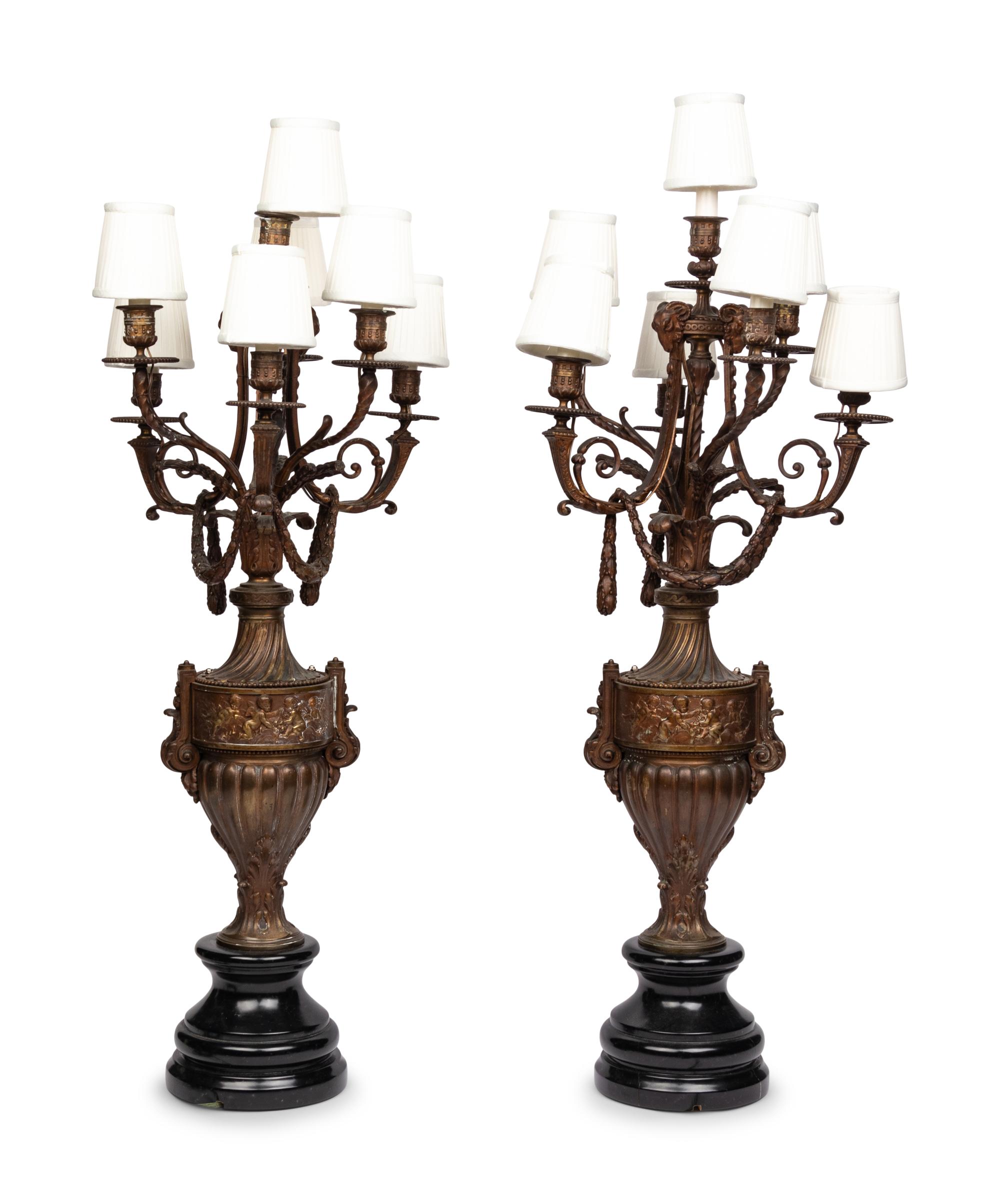 A Pair of Continental Bronze Seven-Light Candelabra