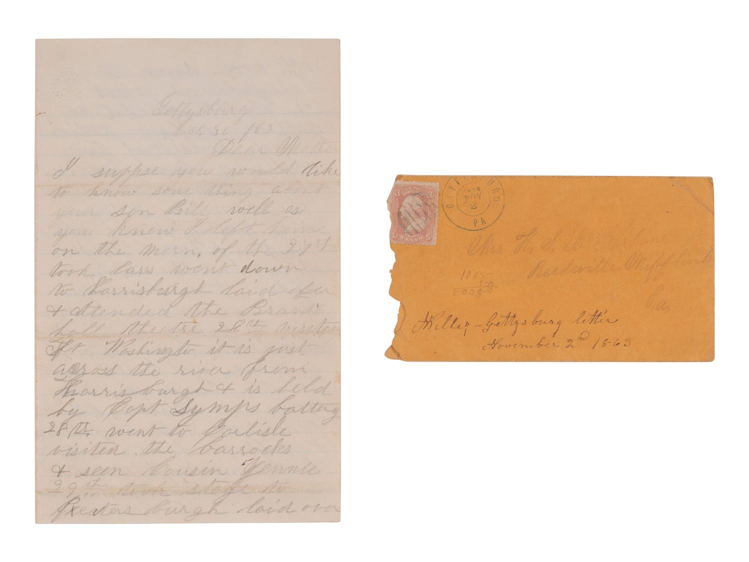 [CIVIL WAR]. Letter postmarked from Gettysburg describing the conditions of the battlefield four months post engagement. "Gettysburg," 30 October 1863.