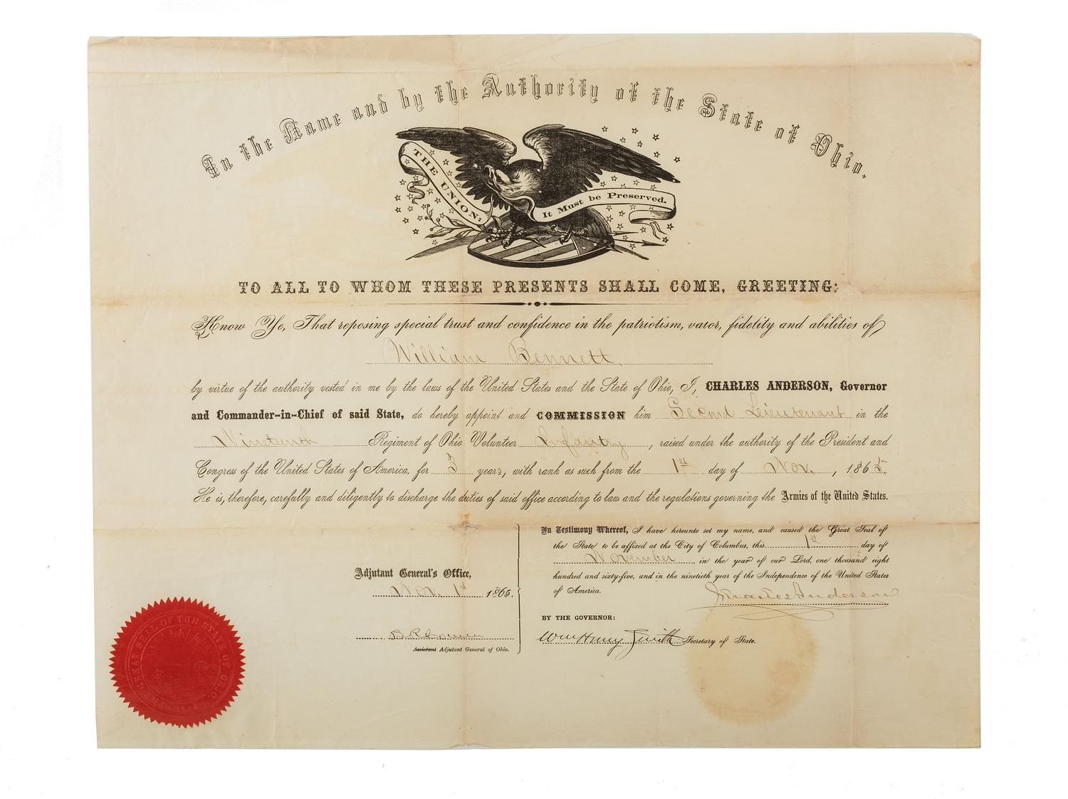 [CIVIL WAR]. A group of 6 documents identified to William Bennett, Co. C, 19th Ohio Infantry.