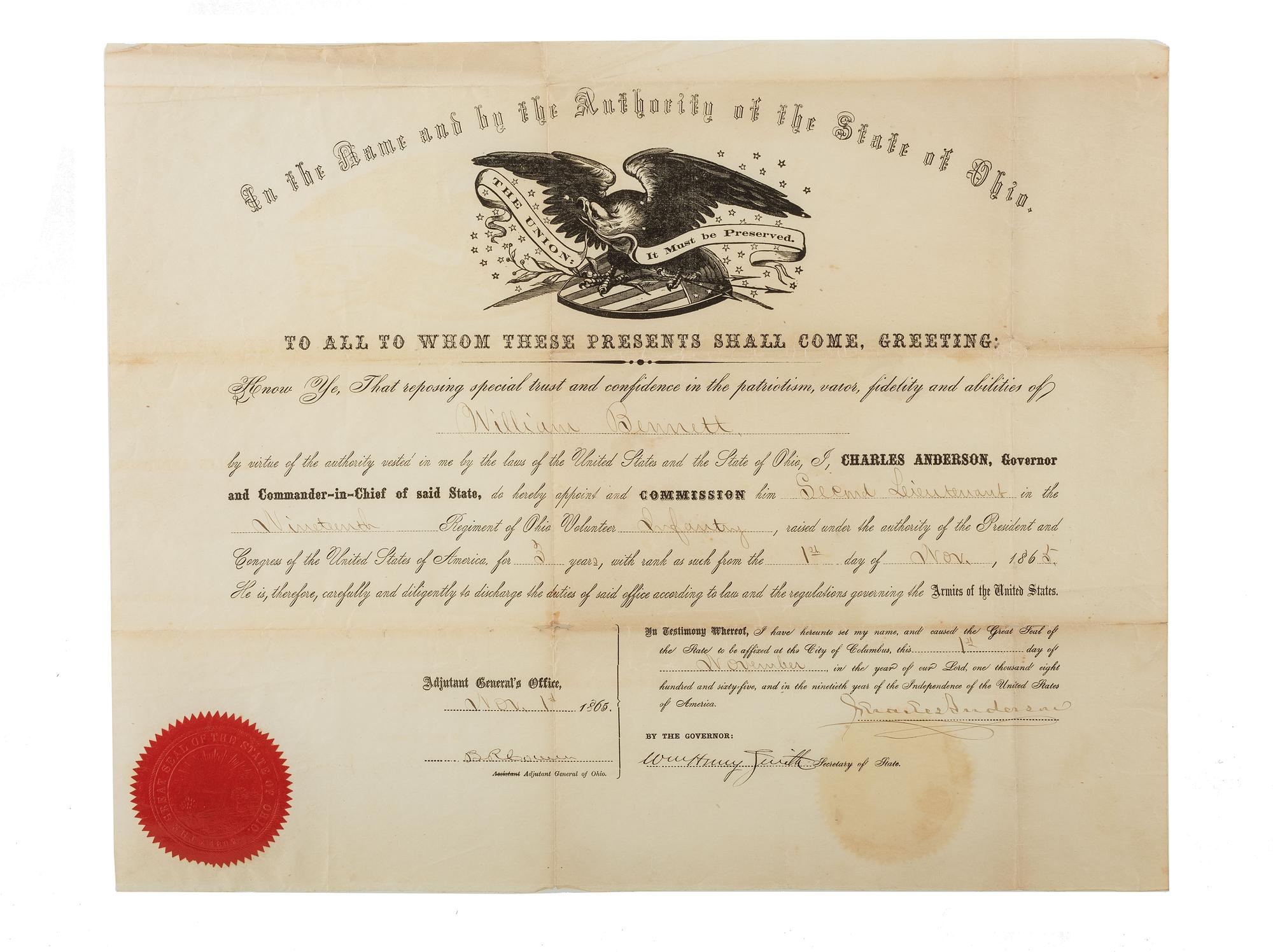 [CIVIL WAR]. A group of 6 documents identified to William Bennett, Co. C, 19th Ohio Infantry.
