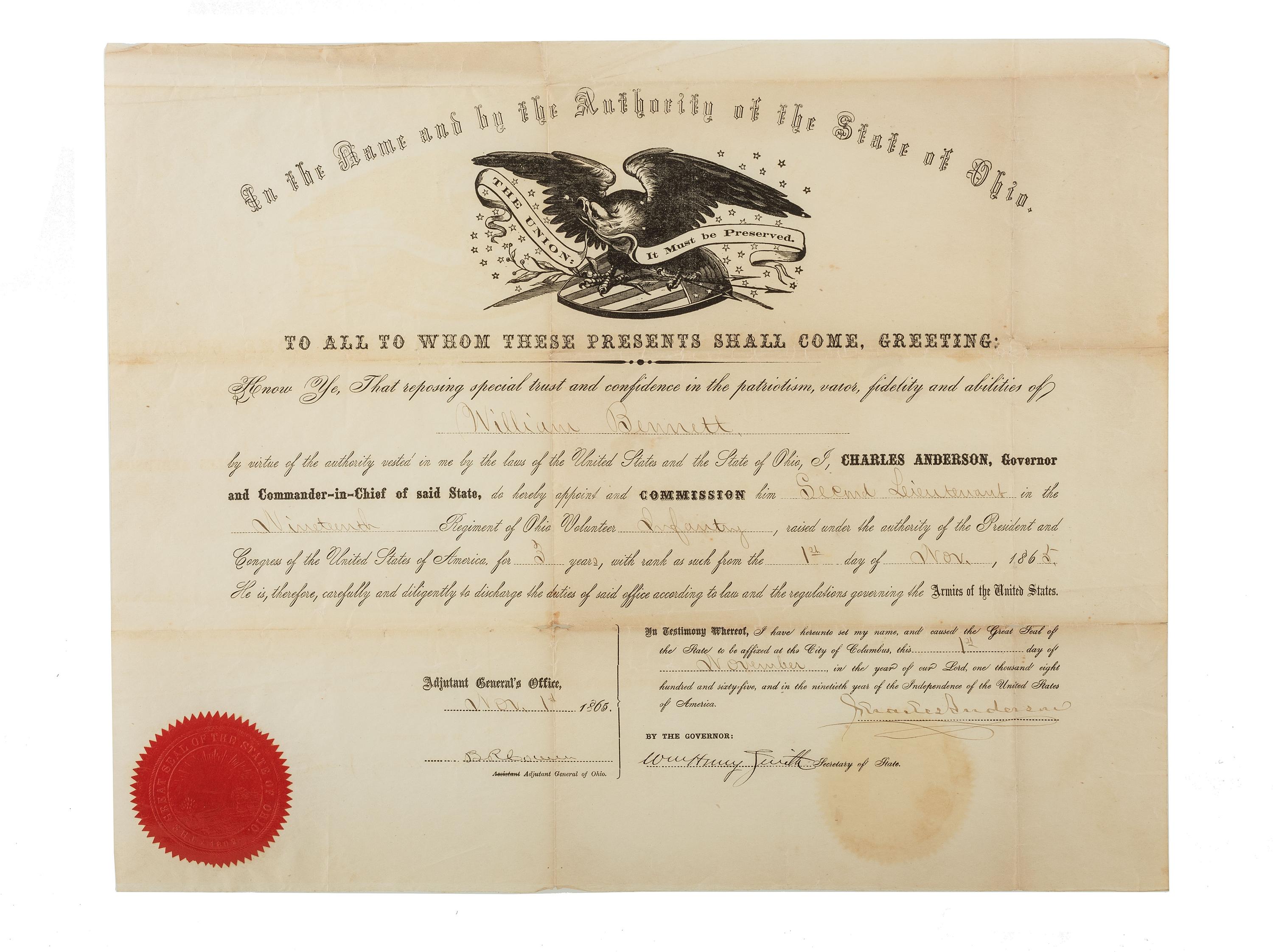 [CIVIL WAR]. A group of 6 documents identified to William Bennett, Co. C, 19th Ohio Infantry.