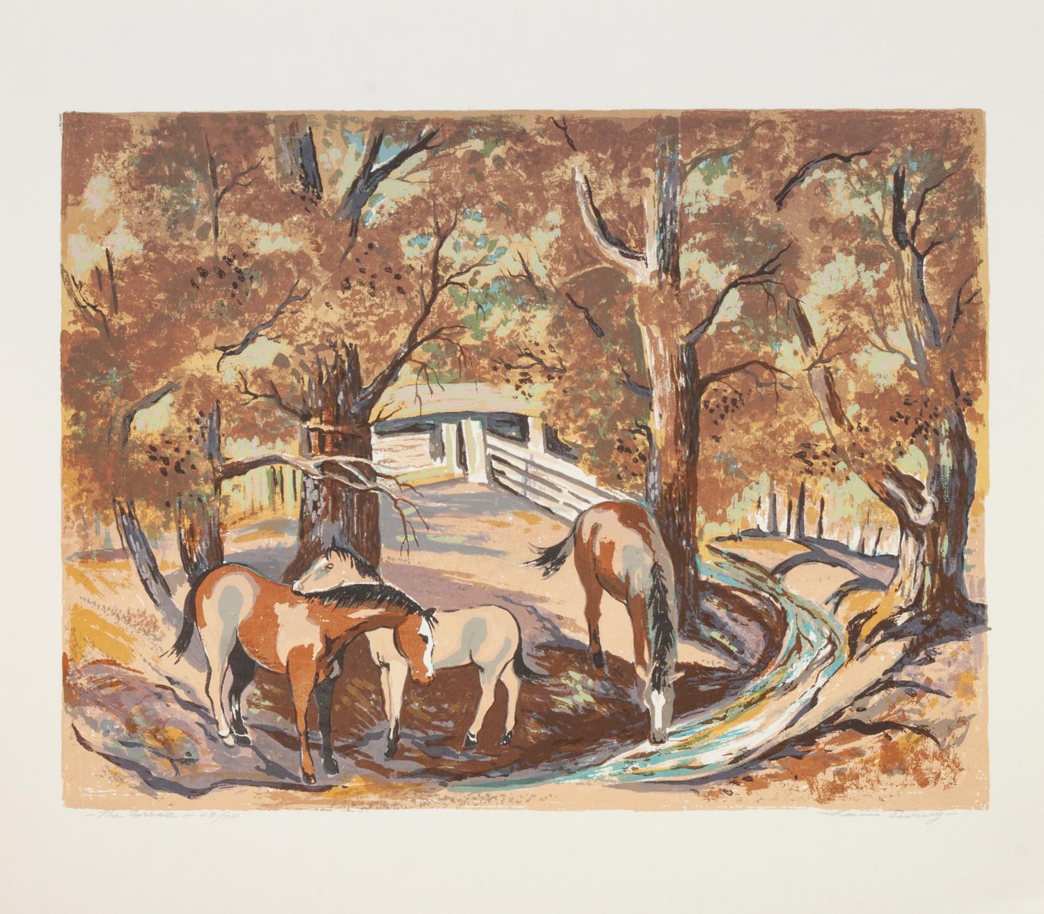 Four Works: Horse Play , edition 101/125; Basket Figure , edition 14/25; The Corral , edition 48/120; Home From the Fiesta - R. Vernon Hunter , edition 29/120