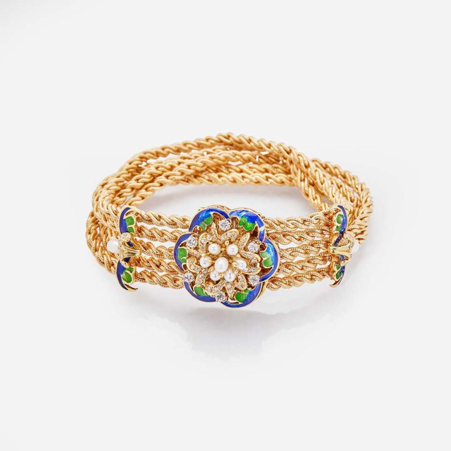 A 14K Yellow Gold, Diamond, Pearl, and Enamel Bracelet