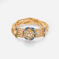 A 14K Yellow Gold, Diamond, Pearl, and Enamel Bracelet