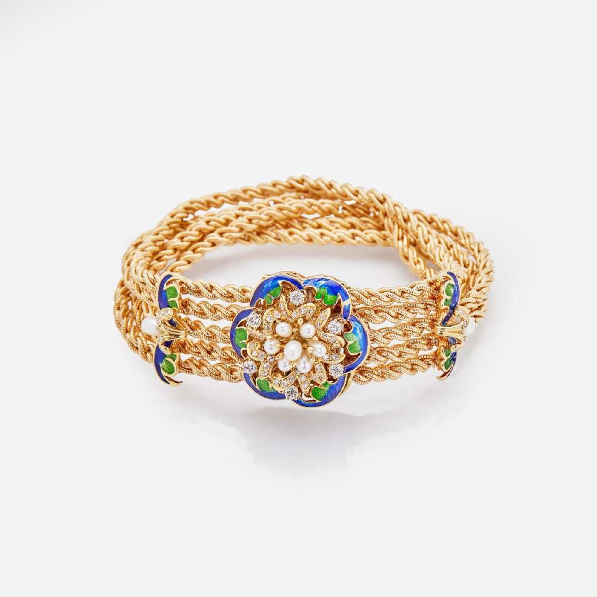A 14K Yellow Gold, Diamond, Pearl, and Enamel Bracelet