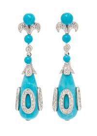A Pair of 18 Karat White Gold, Turquoise and Diamond Pendant Earrings, 6.00 dwts.