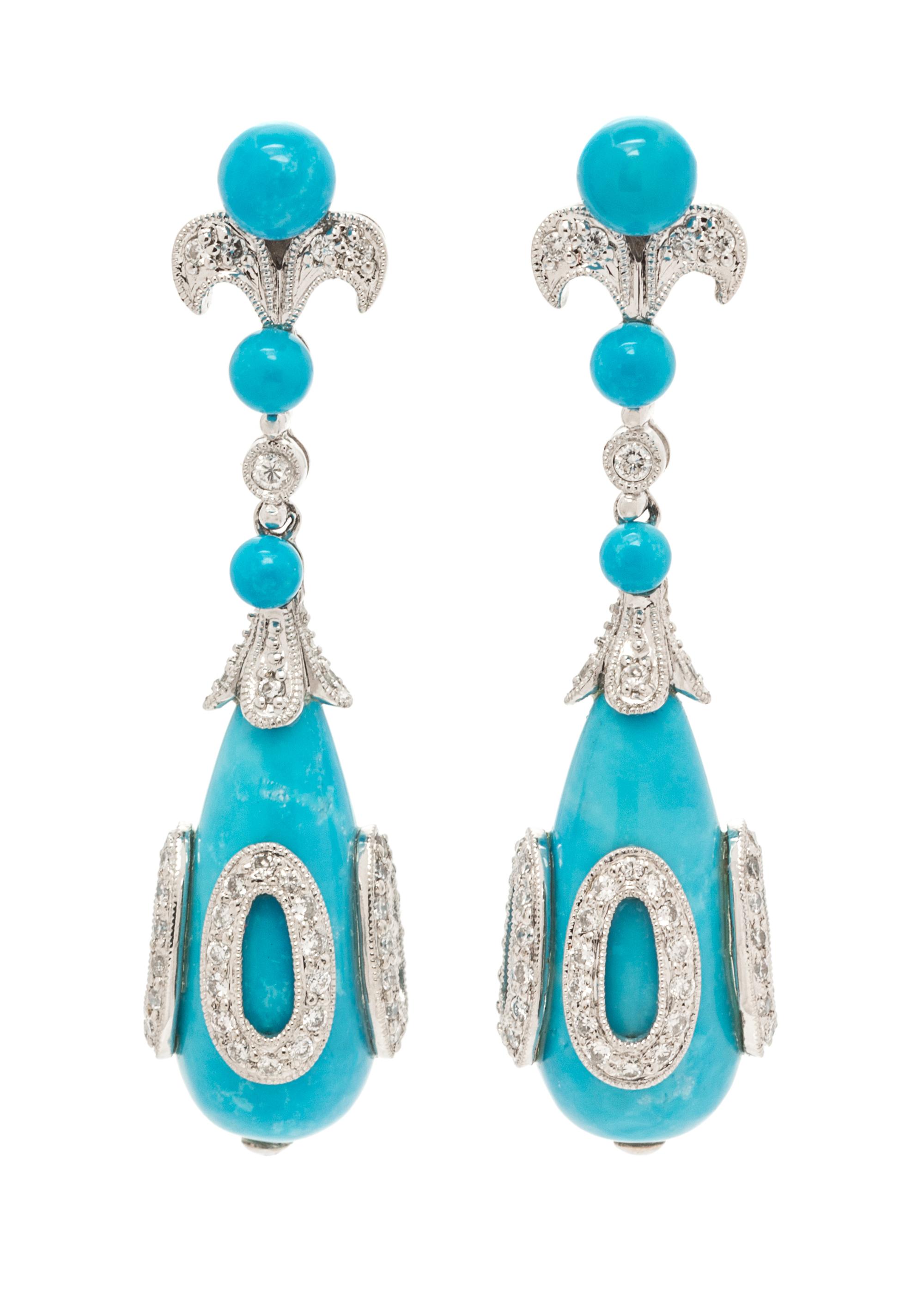 A Pair of 18 Karat White Gold, Turquoise and Diamond Pendant Earrings, 6.00 dwts.