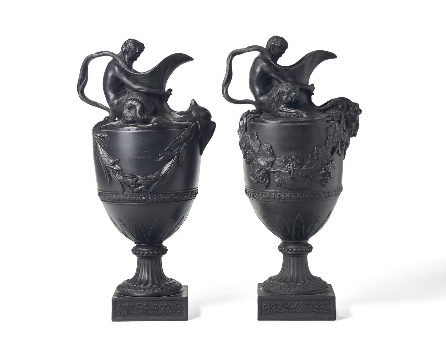 A Pair of Wedgwood Black Basalt Figural Ewers