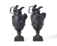 A Pair of Wedgwood Black Basalt Figural Ewers