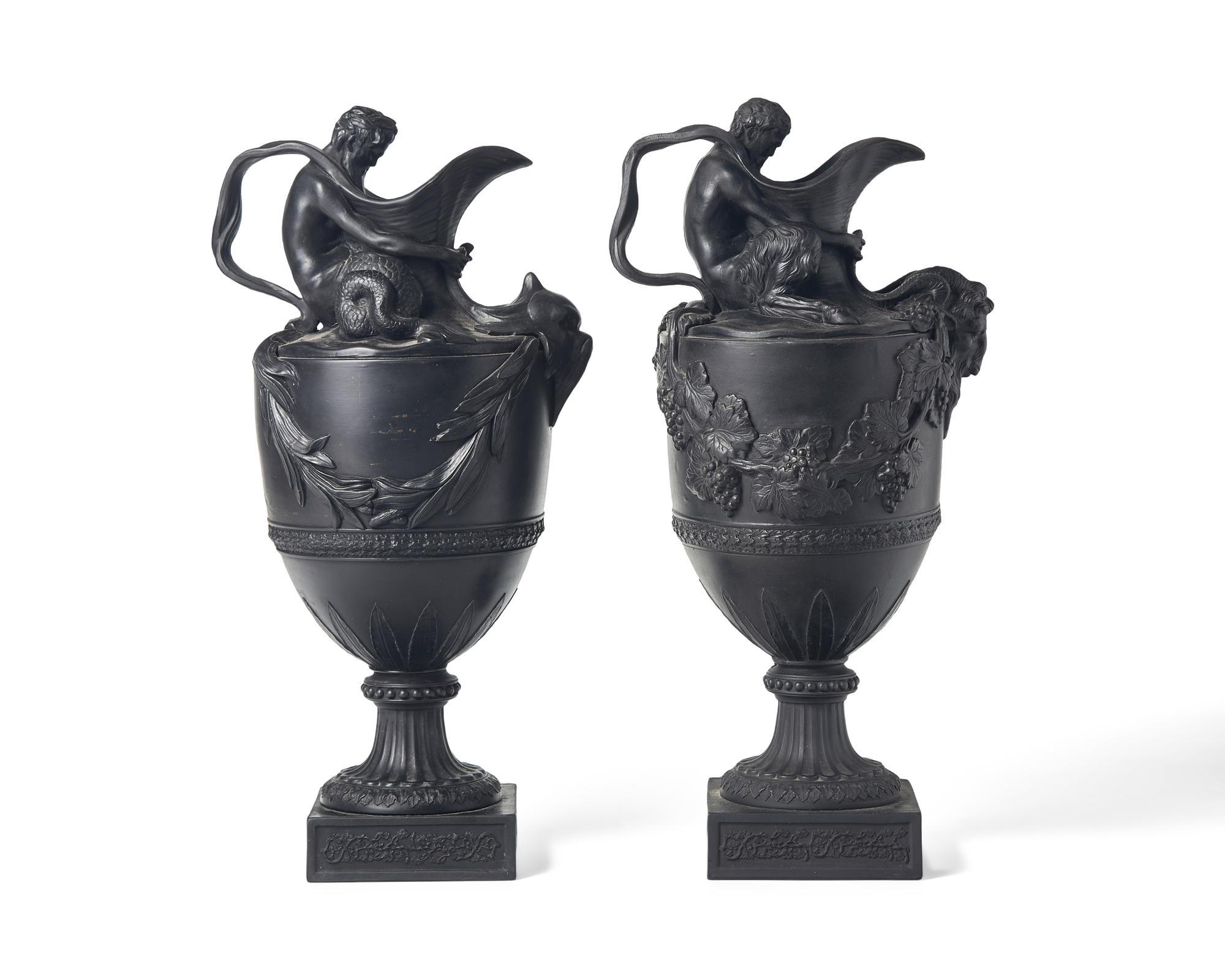 A Pair of Wedgwood Black Basalt Figural Ewers