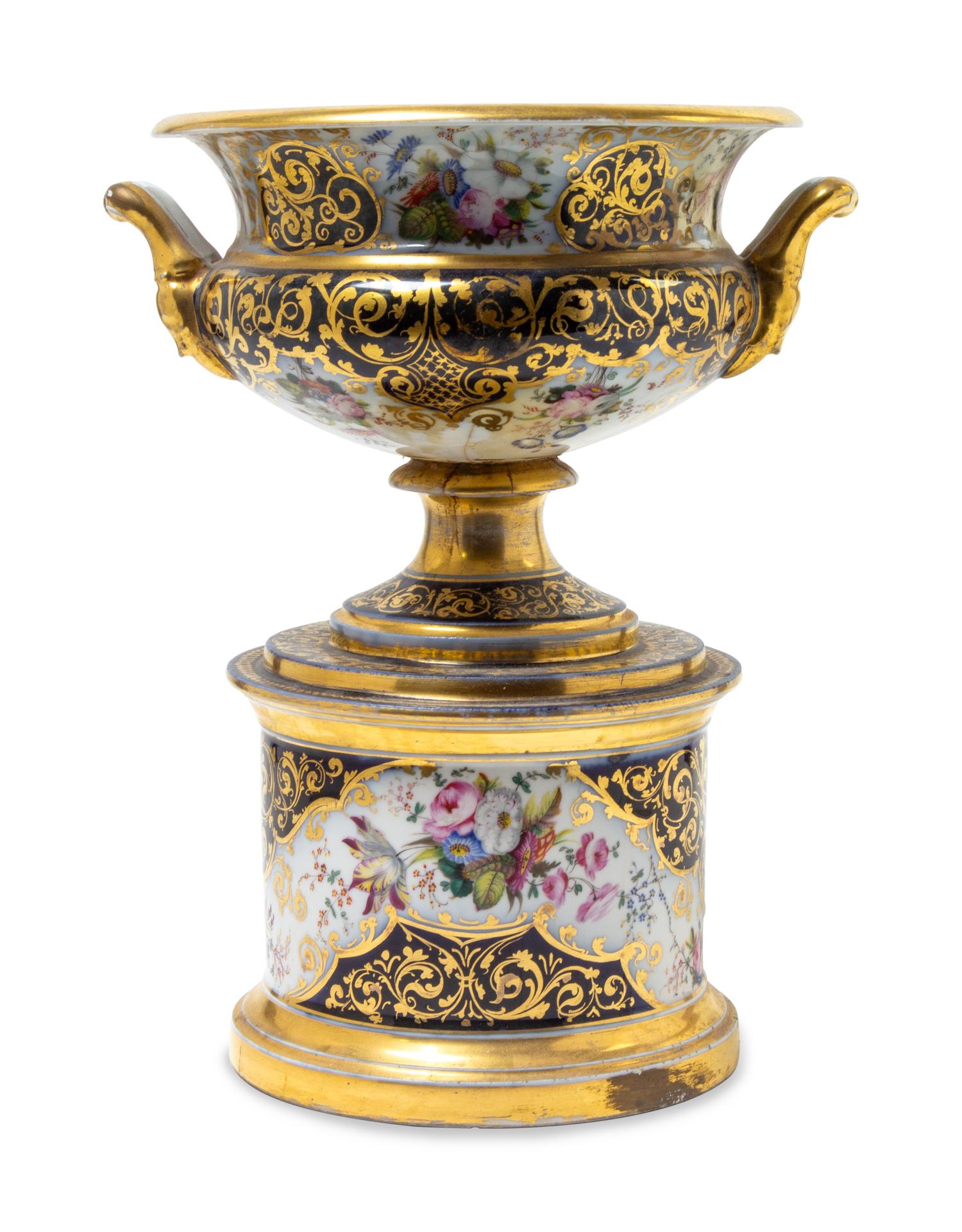 An English Parcel Gilt and Painted Porcelain Pedestal Bowl
