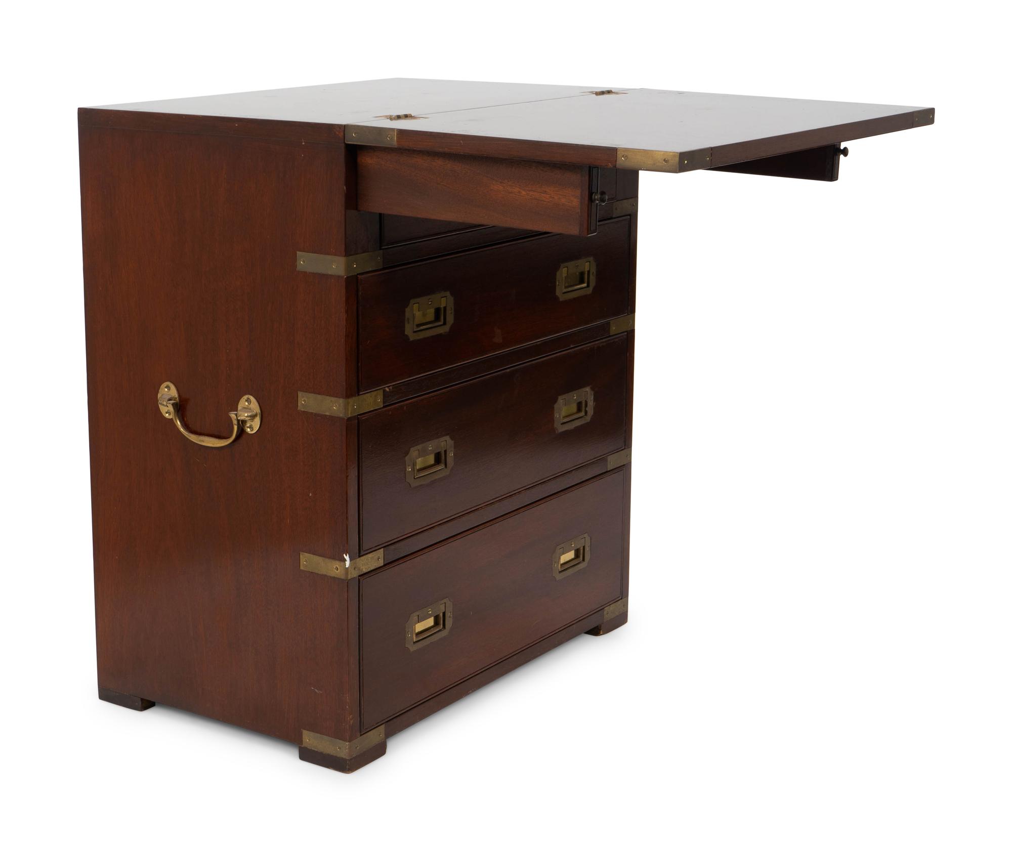 A Diminutive English Campaign Style Brass Mounted Mahogany Chest of Drawers — 20TH CENTURY
