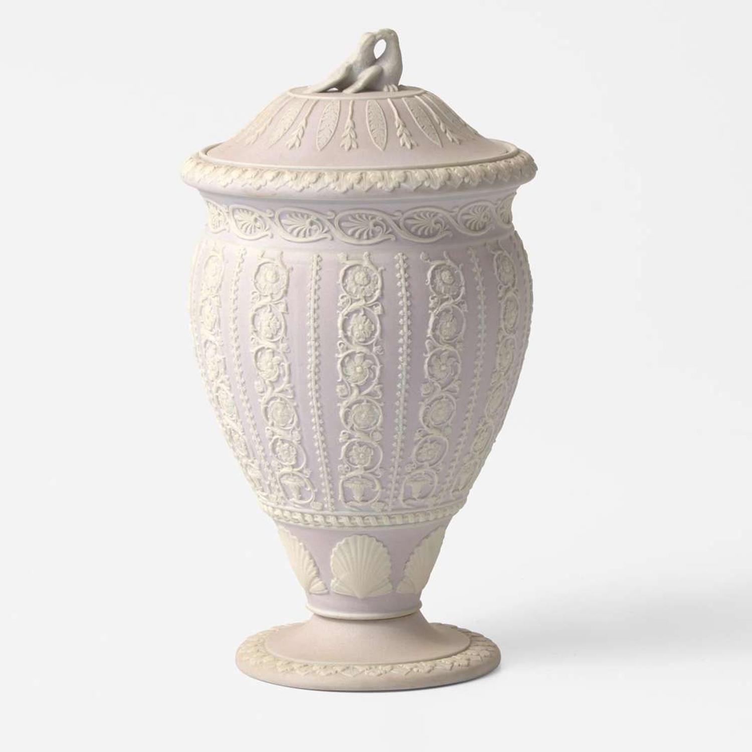 A Wedgwood Lilac Dip Jasperware "Shell and Arabesque" Vase and Cover UK, 1870s or 1880s