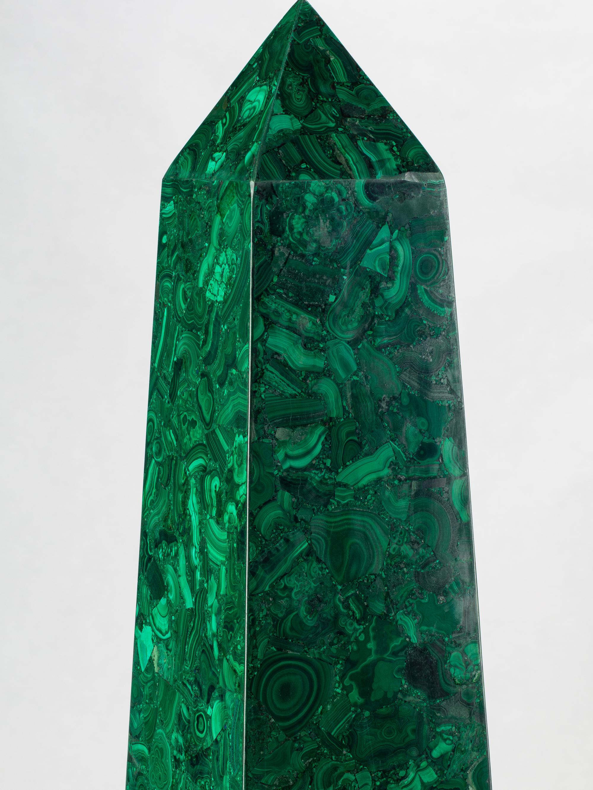 A Pair of Large Gilt Metal Mounted Malachite Obelisks