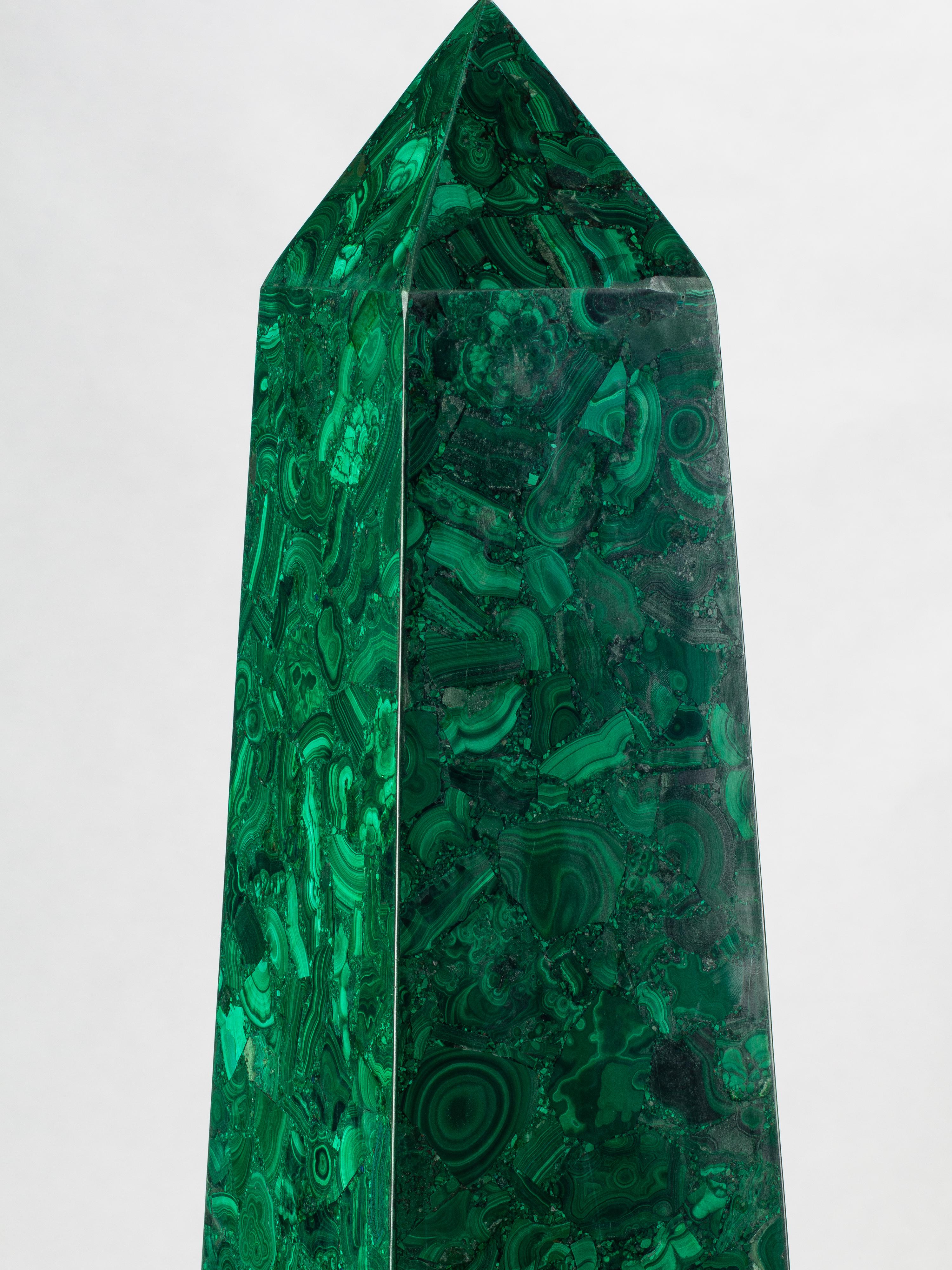 A Pair of Large Gilt Metal Mounted Malachite Obelisks