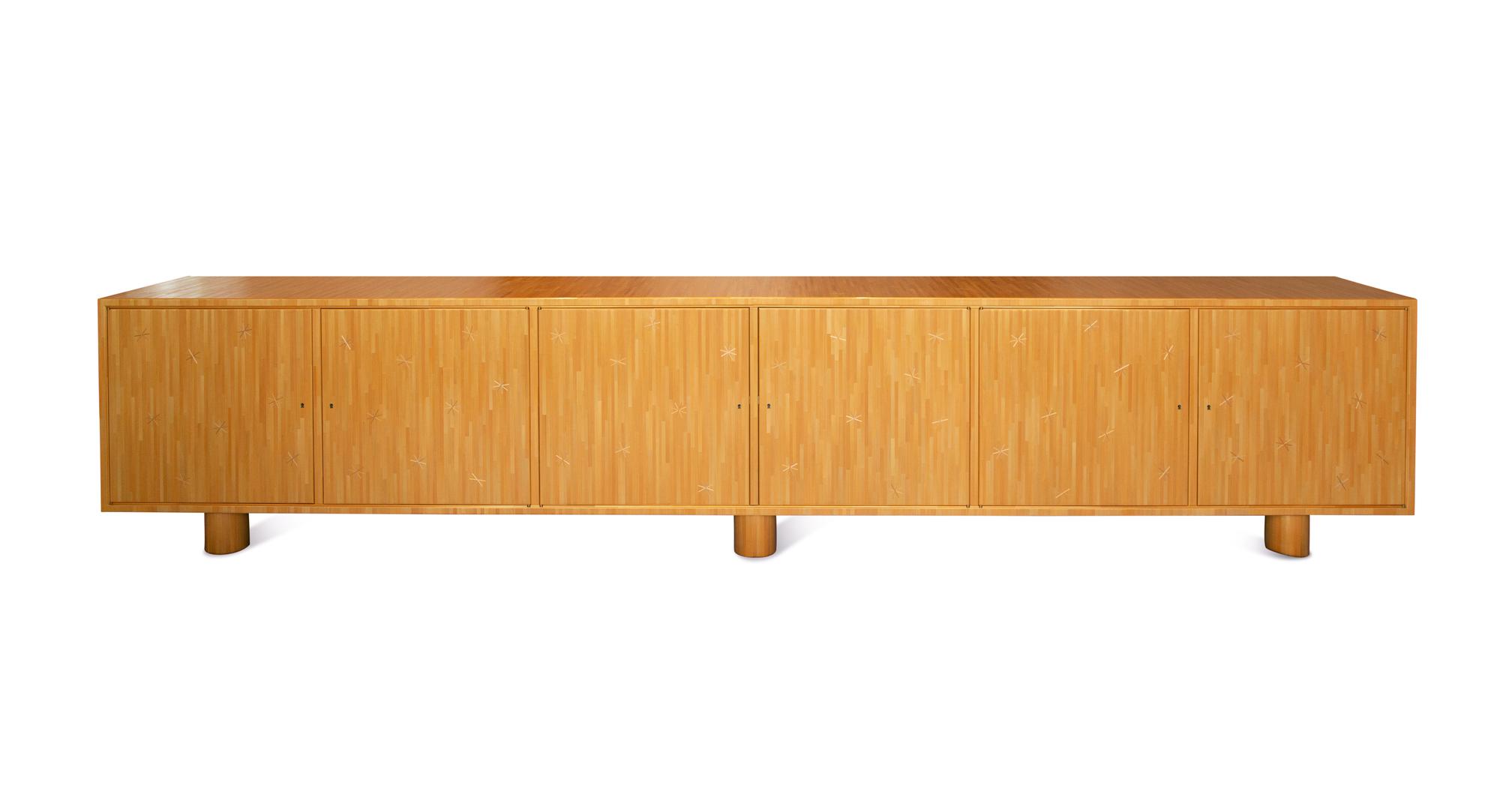 A Linear Straw Marquetry Etoile Sideboard with Star Inlay Designed by Rémi Tessier after Jean Royère