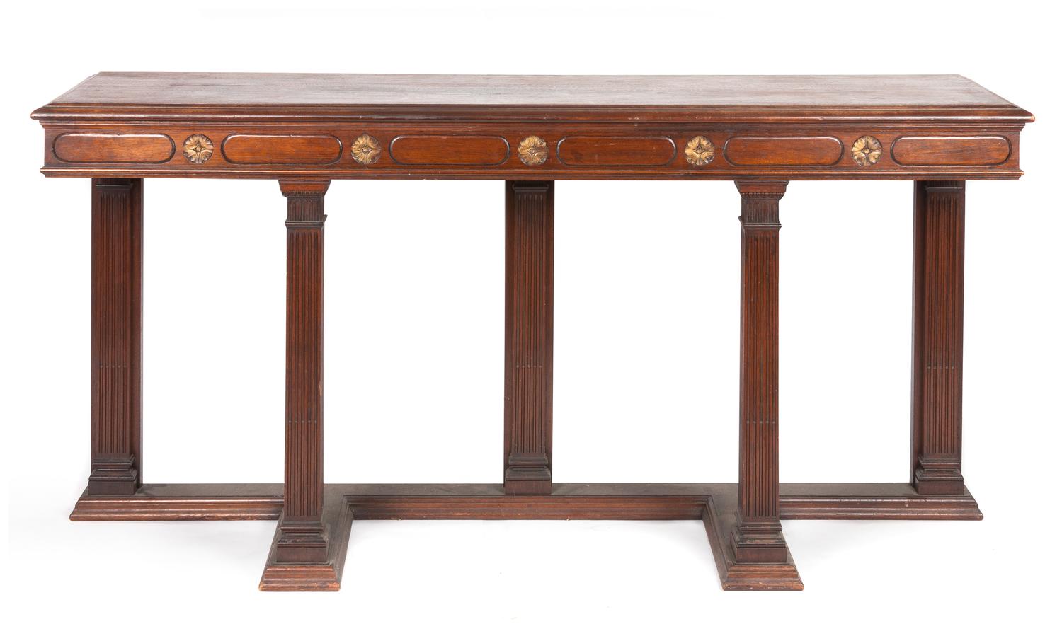 A Neoclassical Mahogany Console Table Height 34 1/4 x width 68 x depth 16 3/4 inches.