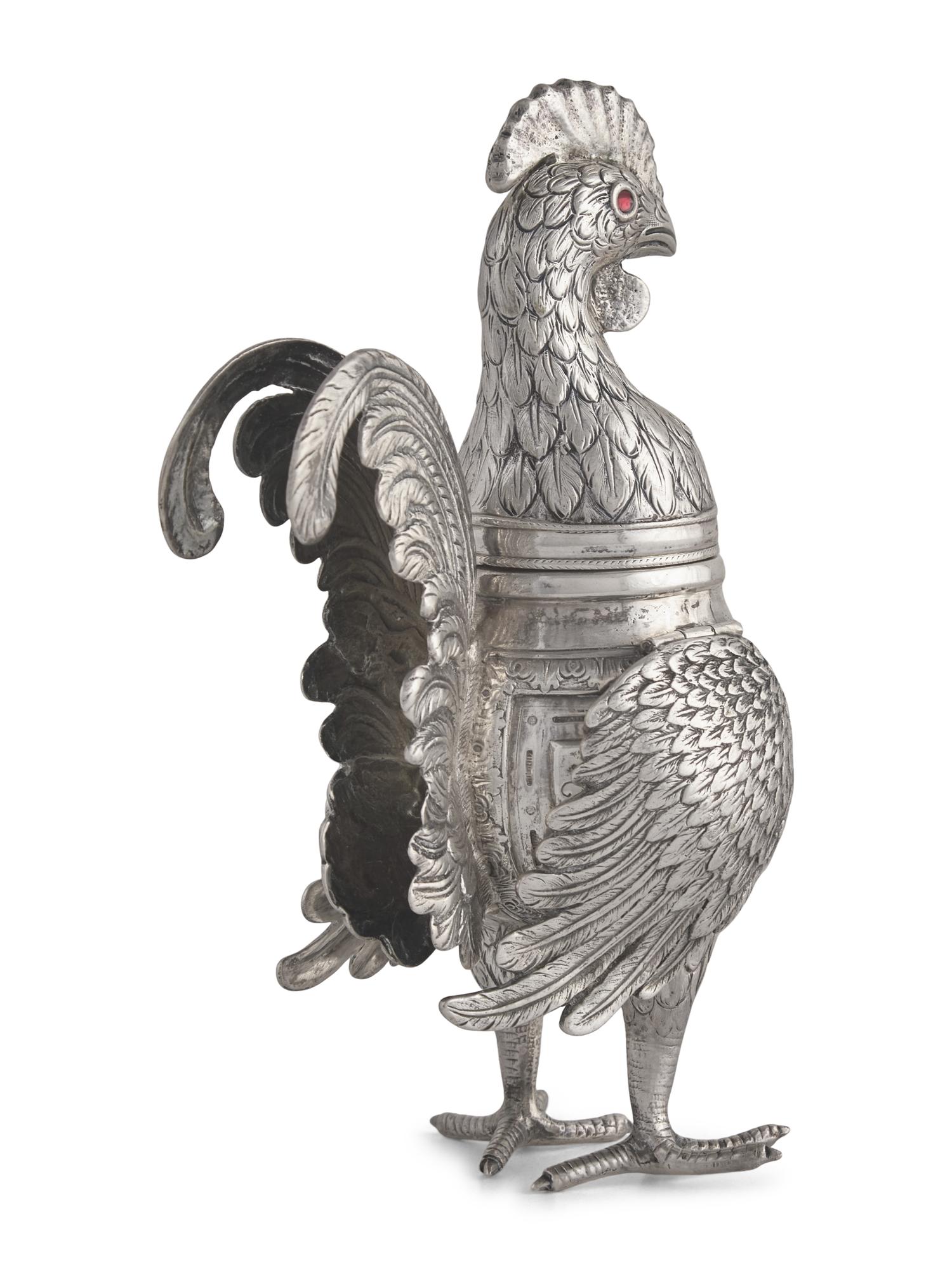A German .800 Silver Rooster-Form Spice Box, Late 19th / Early 20th Century