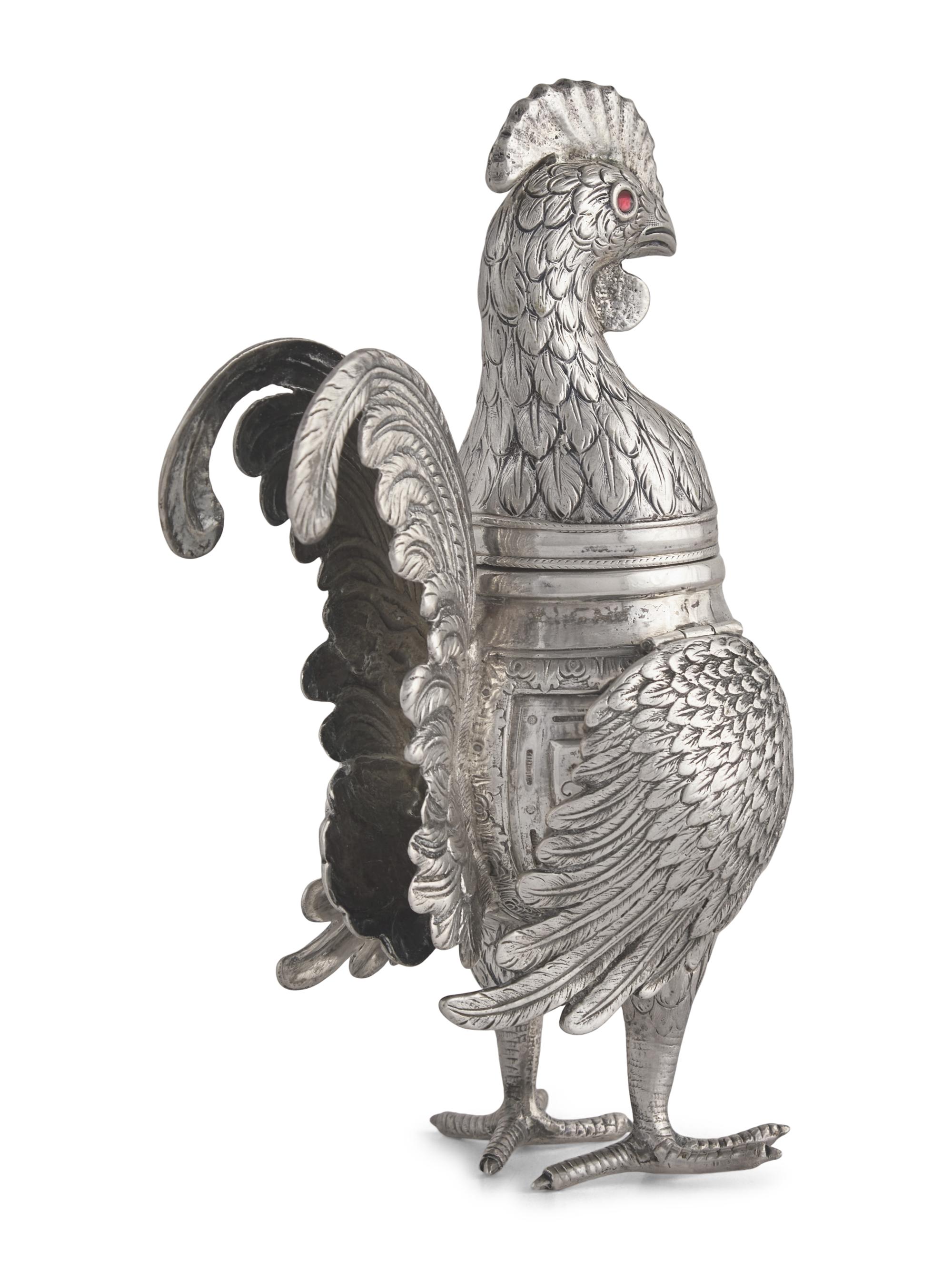 A German .800 Silver Rooster-Form Spice Box, Late 19th / Early 20th Century
