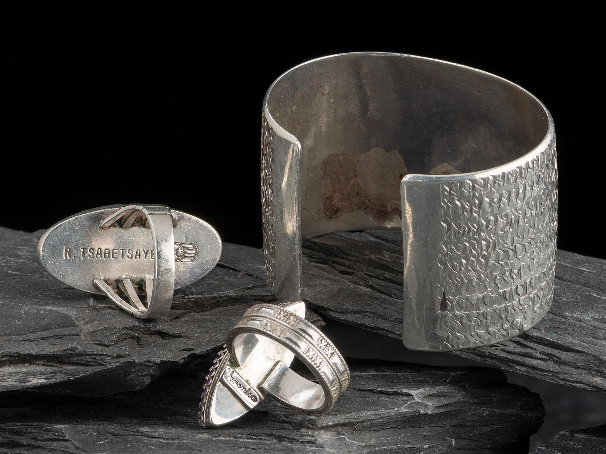 Navajo and Zuni Silver Cuff Bracelet and Rings Set with Sugilite or Chaorite
