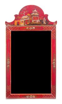 A Georgian Style Red Lacquered Mirror Height 32 x width 18 inches.