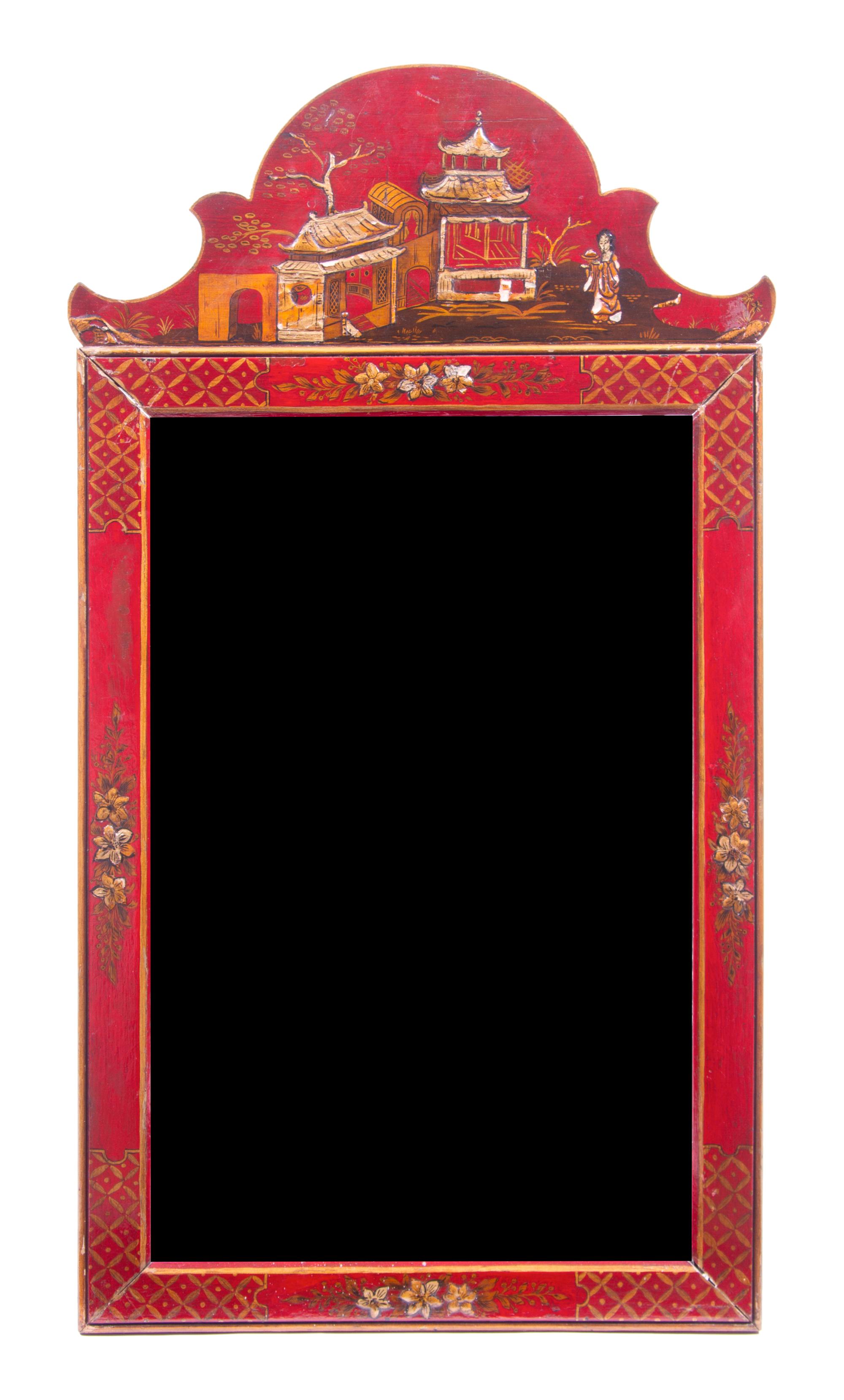 A Georgian Style Red Lacquered Mirror Height 32 x width 18 inches.
