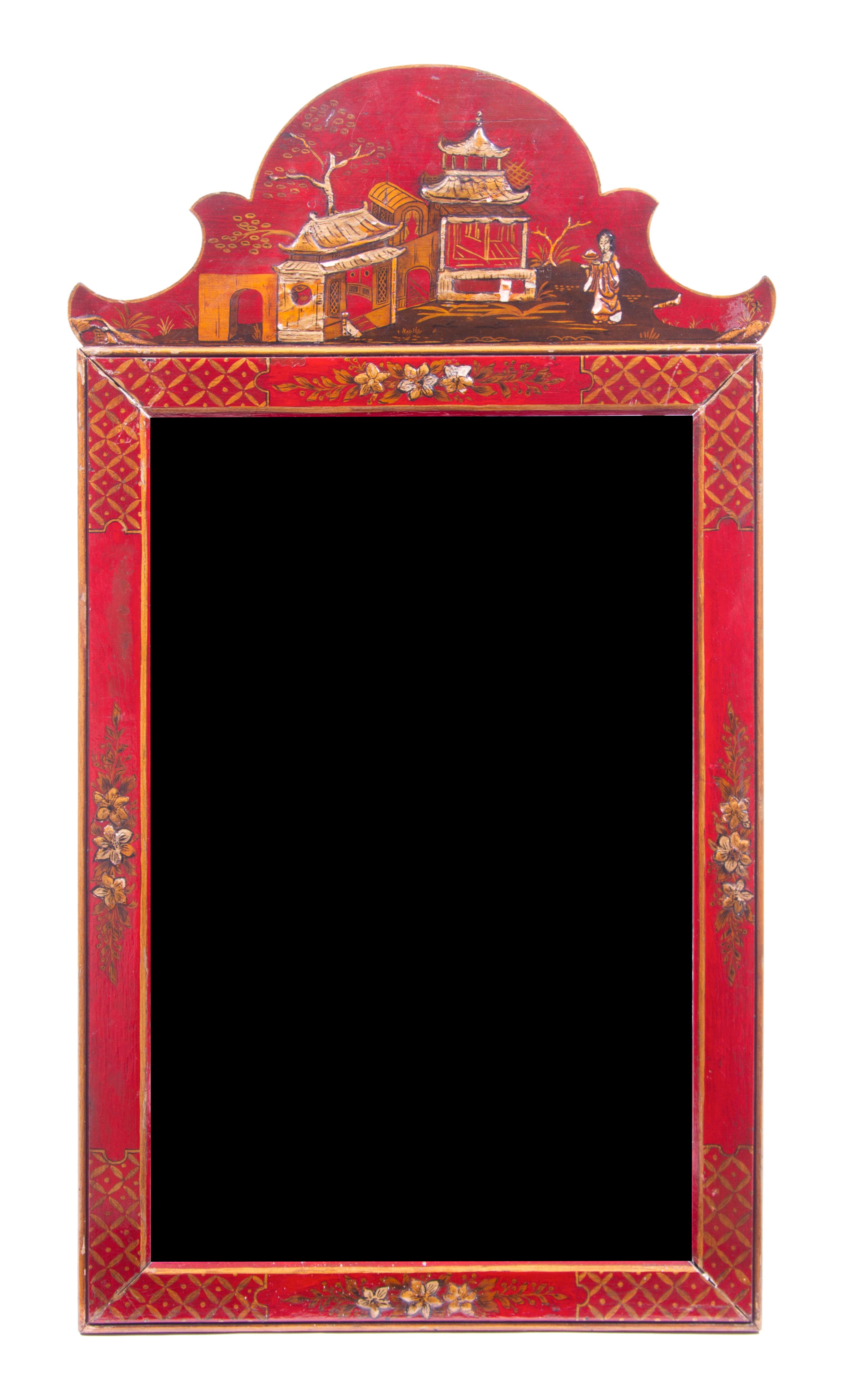 A Georgian Style Red Lacquered Mirror Height 32 x width 18 inches.