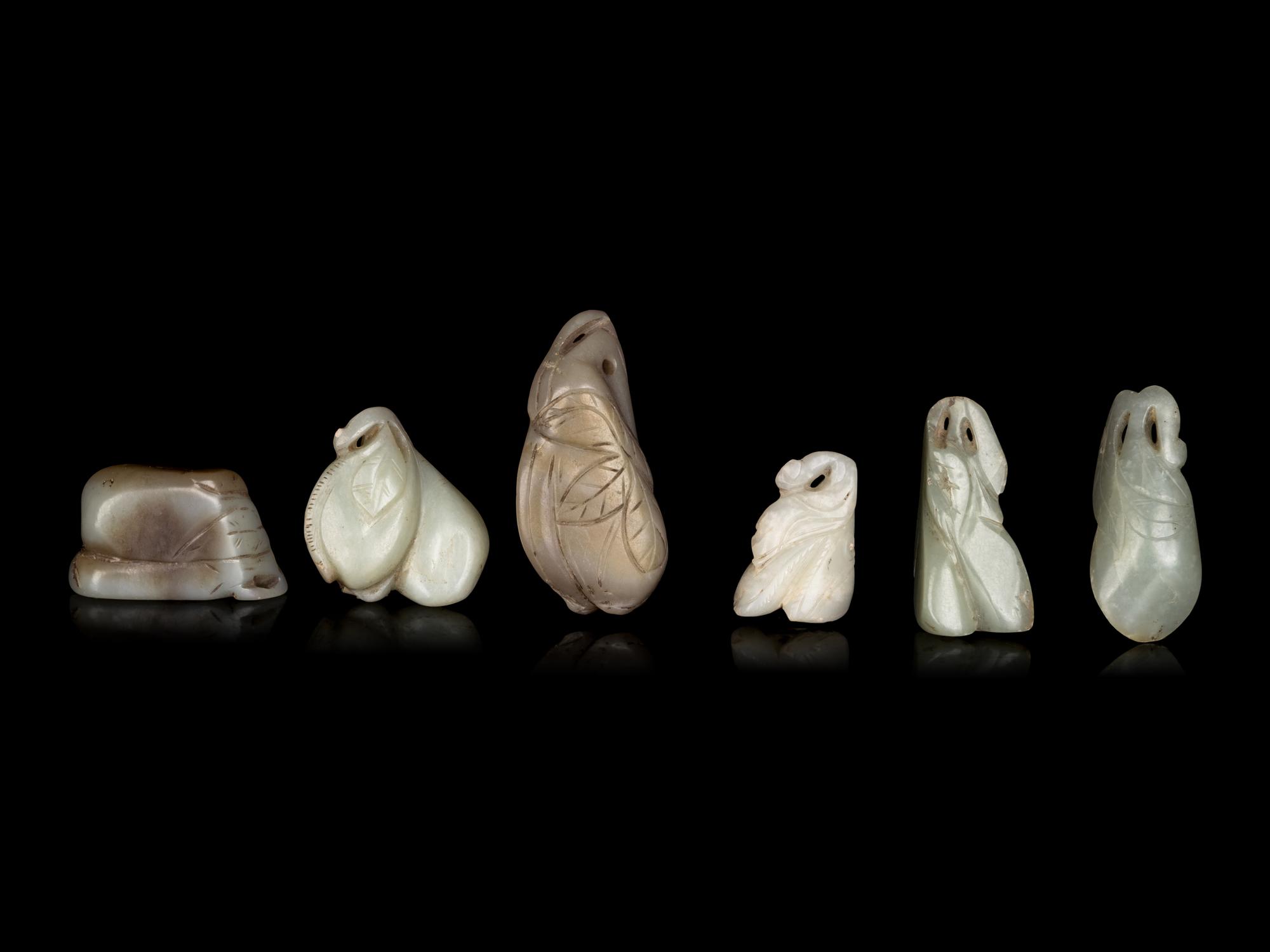 Six Chinese Celadon Jade Carvings of Aubergines