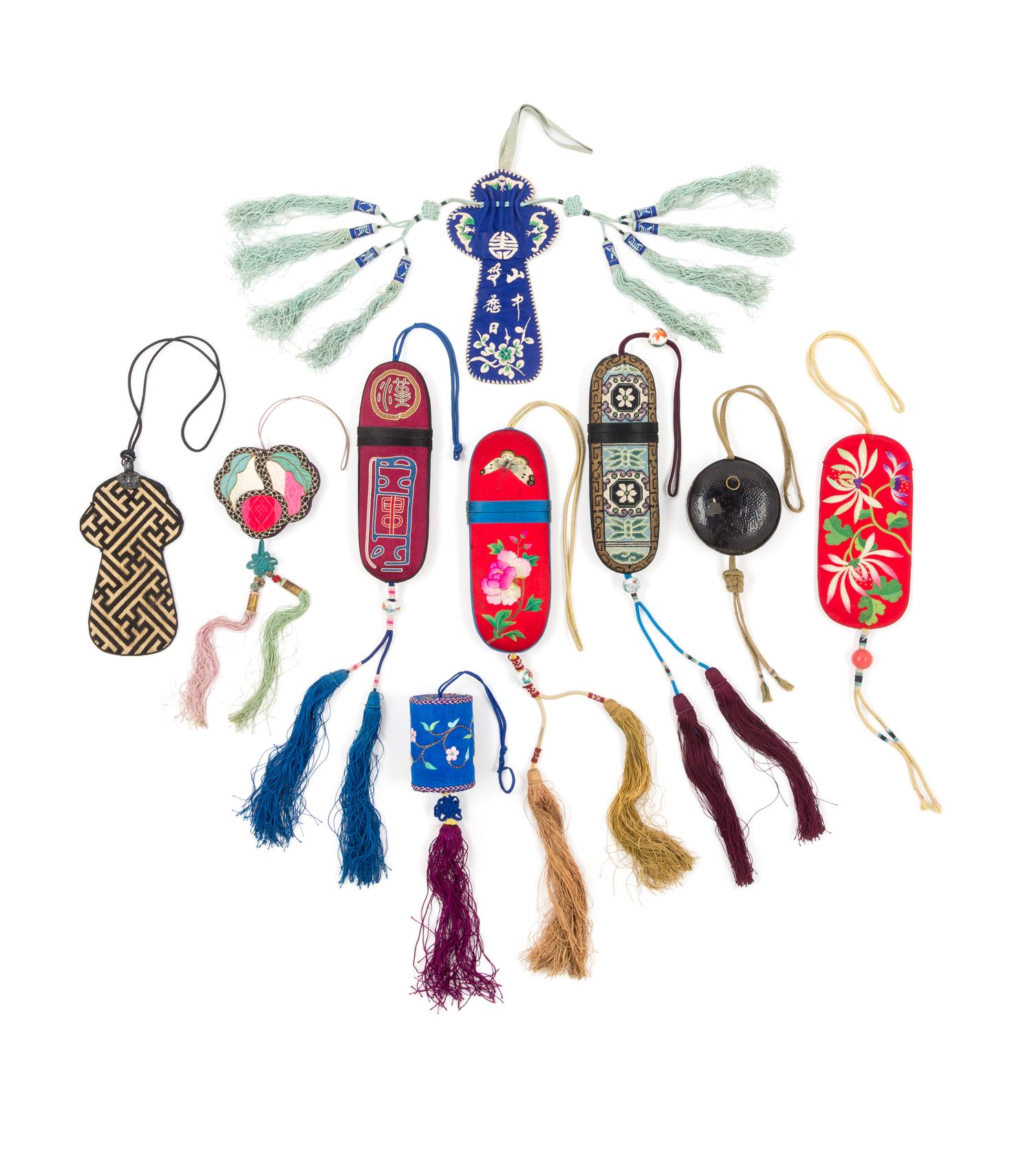 Eight Chinese Embroidered Silk Purses and Glass Cases Length 6 inches. — 19TH/EARLY 20TH CENTURY