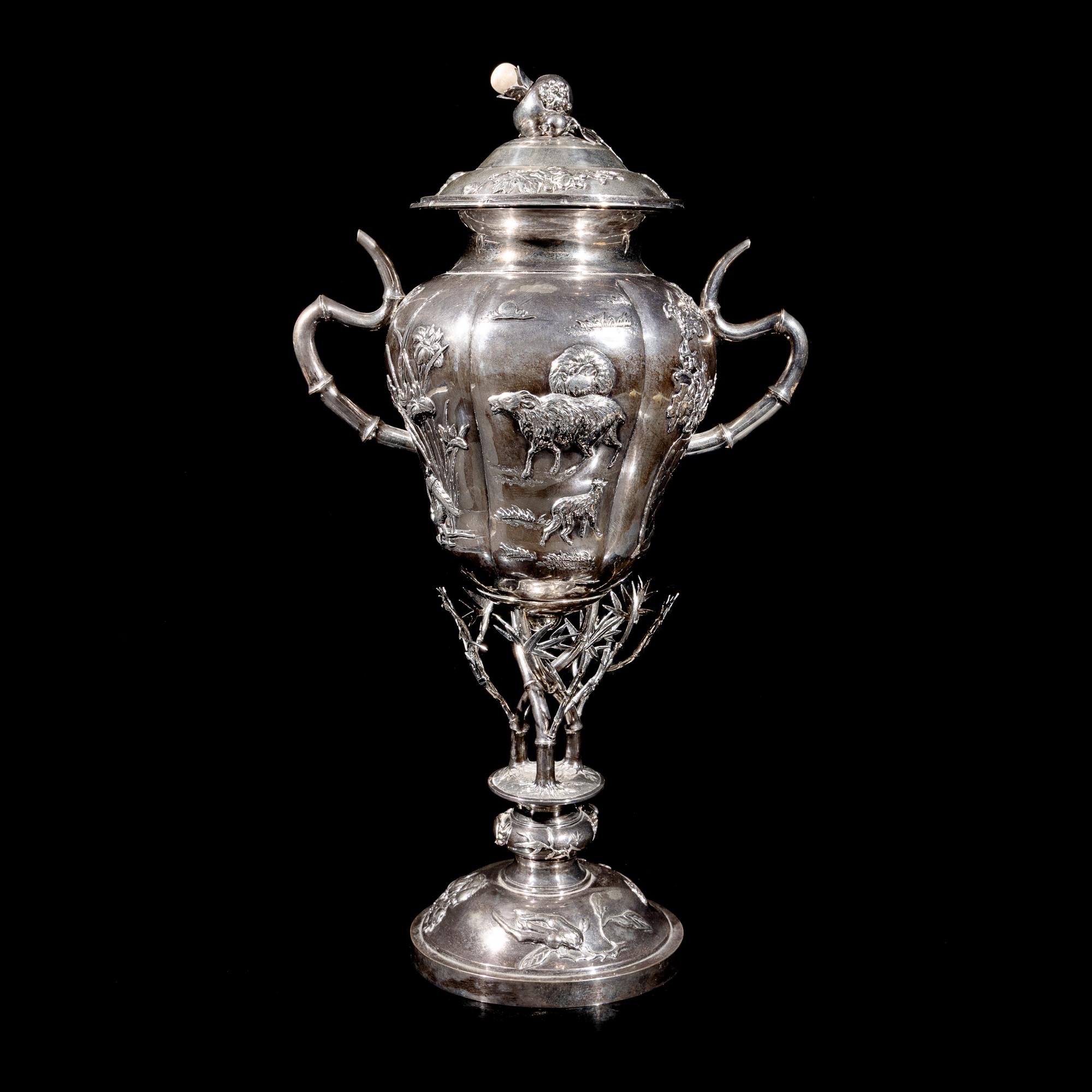 A Chinese Export Silver Cup and Cover, Early 20th Century 晚清-民國 外銷歲寒三友銀杯