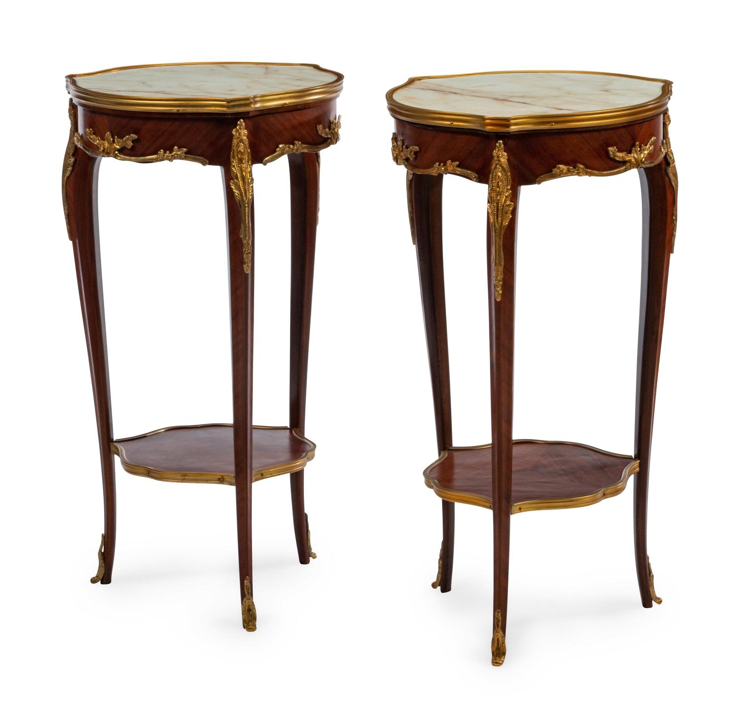A Pair of Louis XV Style Gilt Metal Mounted Marble-Top Side Tables