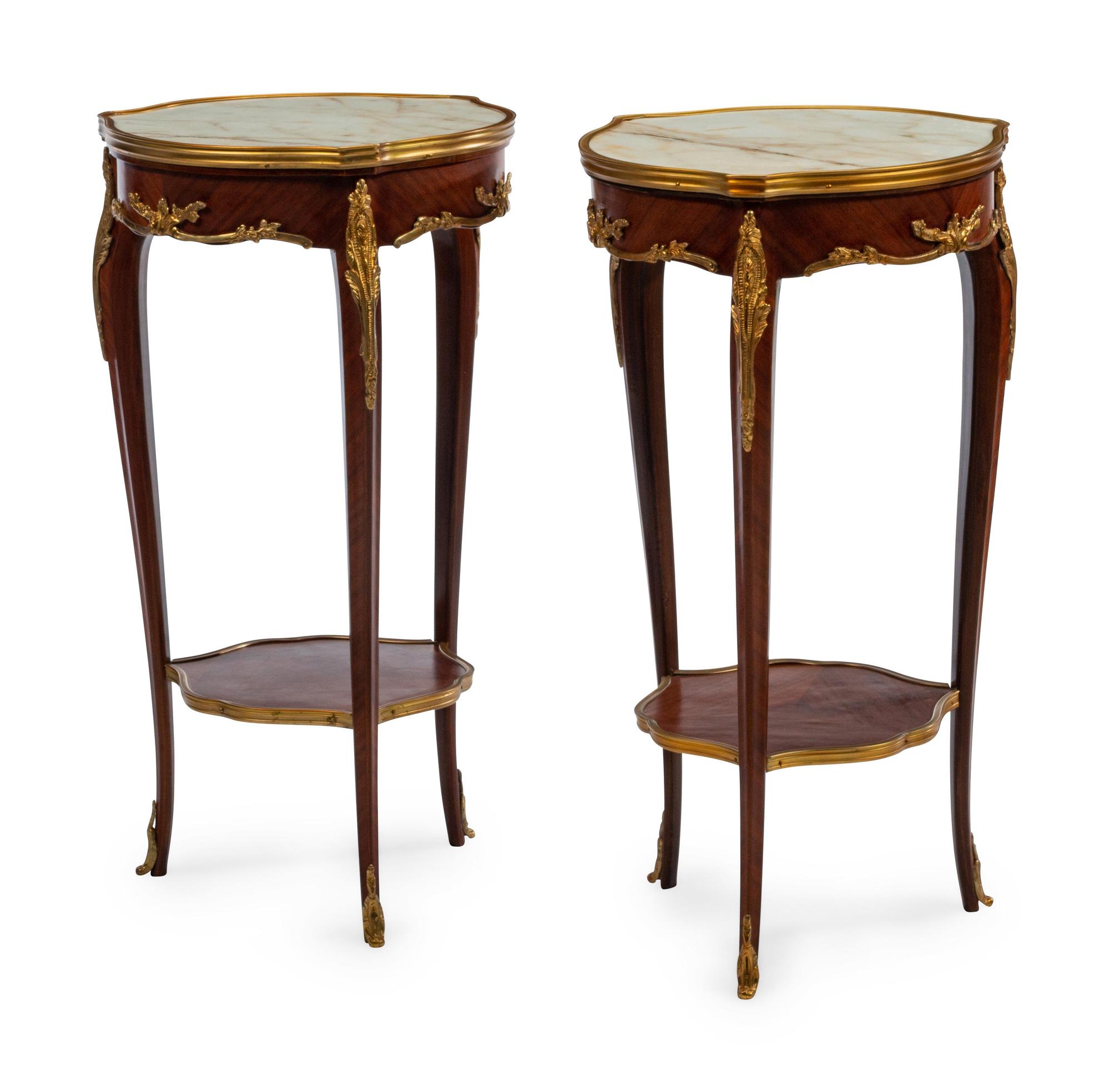 A Pair of Louis XV Style Gilt Metal Mounted Marble-Top Side Tables