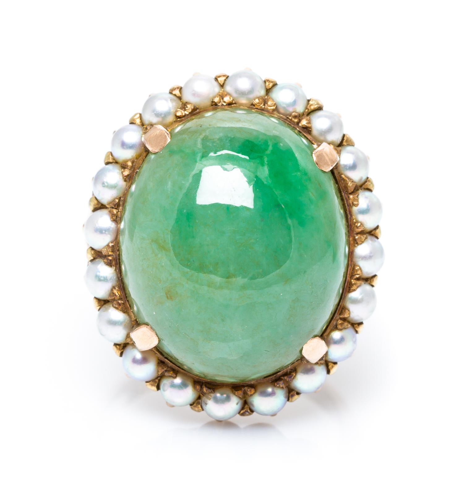 A Collection of 14 Karat Yellow Gold, Jadeite Jade and Cultured Pearl Jewelry 31.50 dwts.