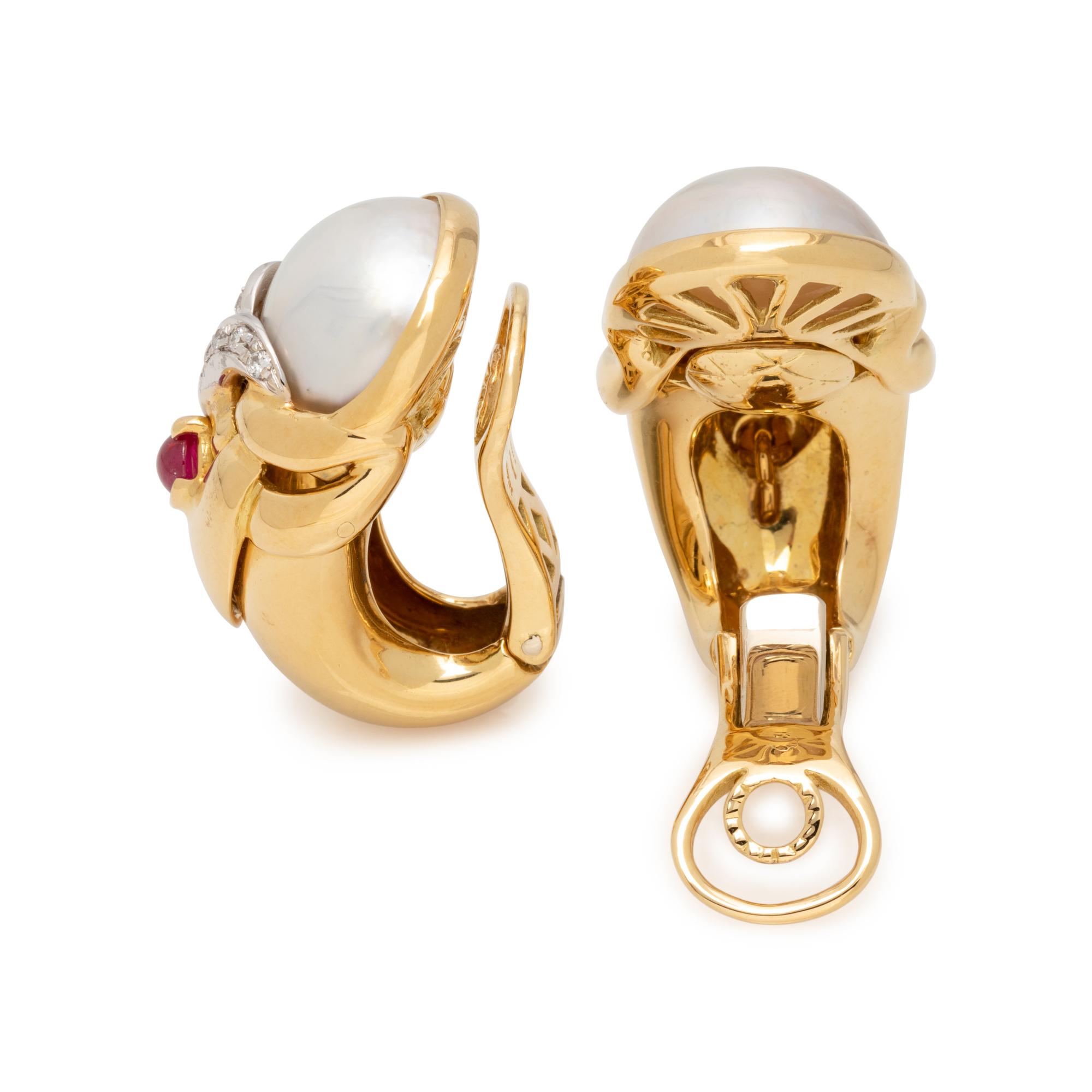 YELLOW GOLD, CULTURED MABE PEARL, RUBY AND DIAMOND EARCLIPS