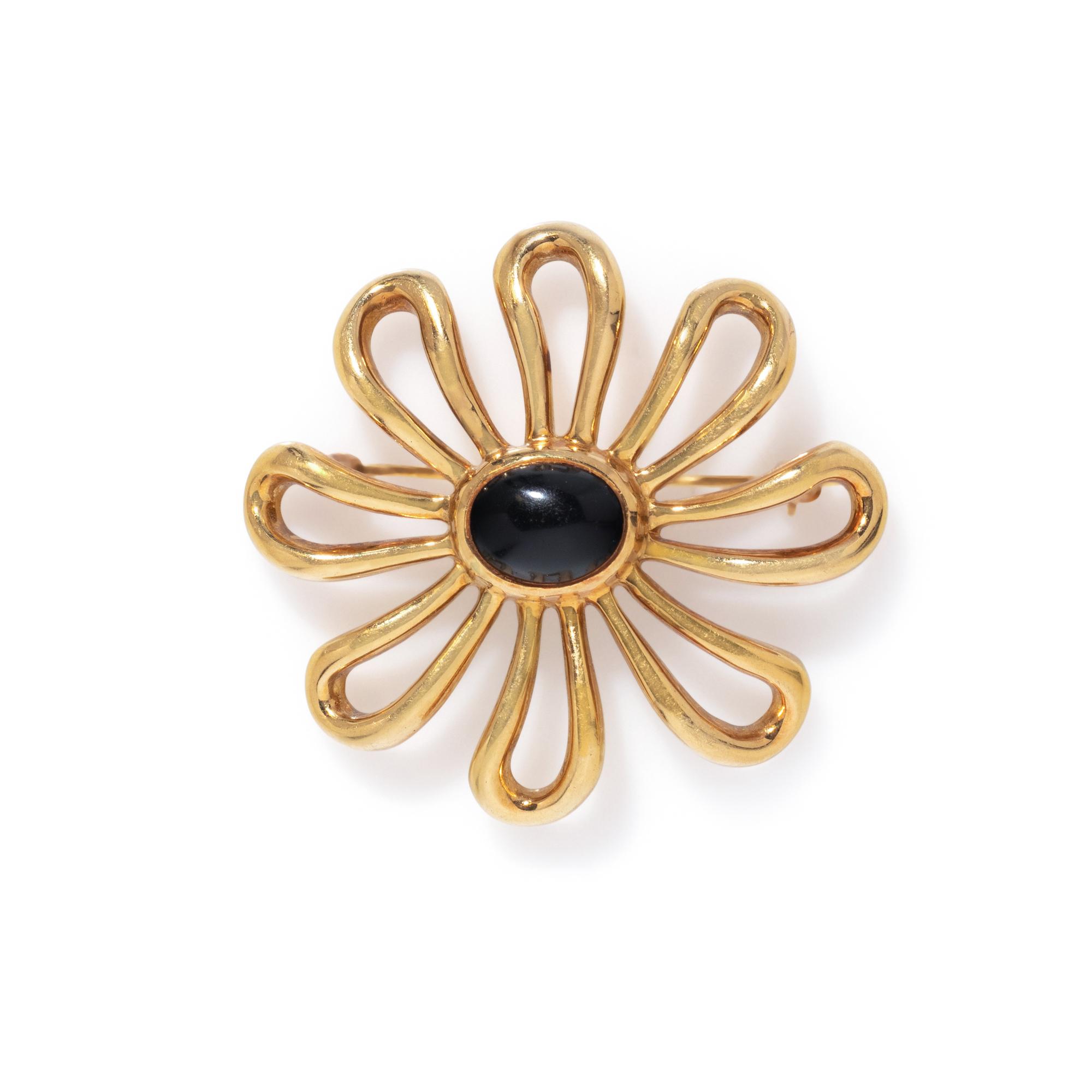 TIFFANY & CO., PALOMA PICASSO, YELLOW GOLD AND ONYX FLOWER BROOCH